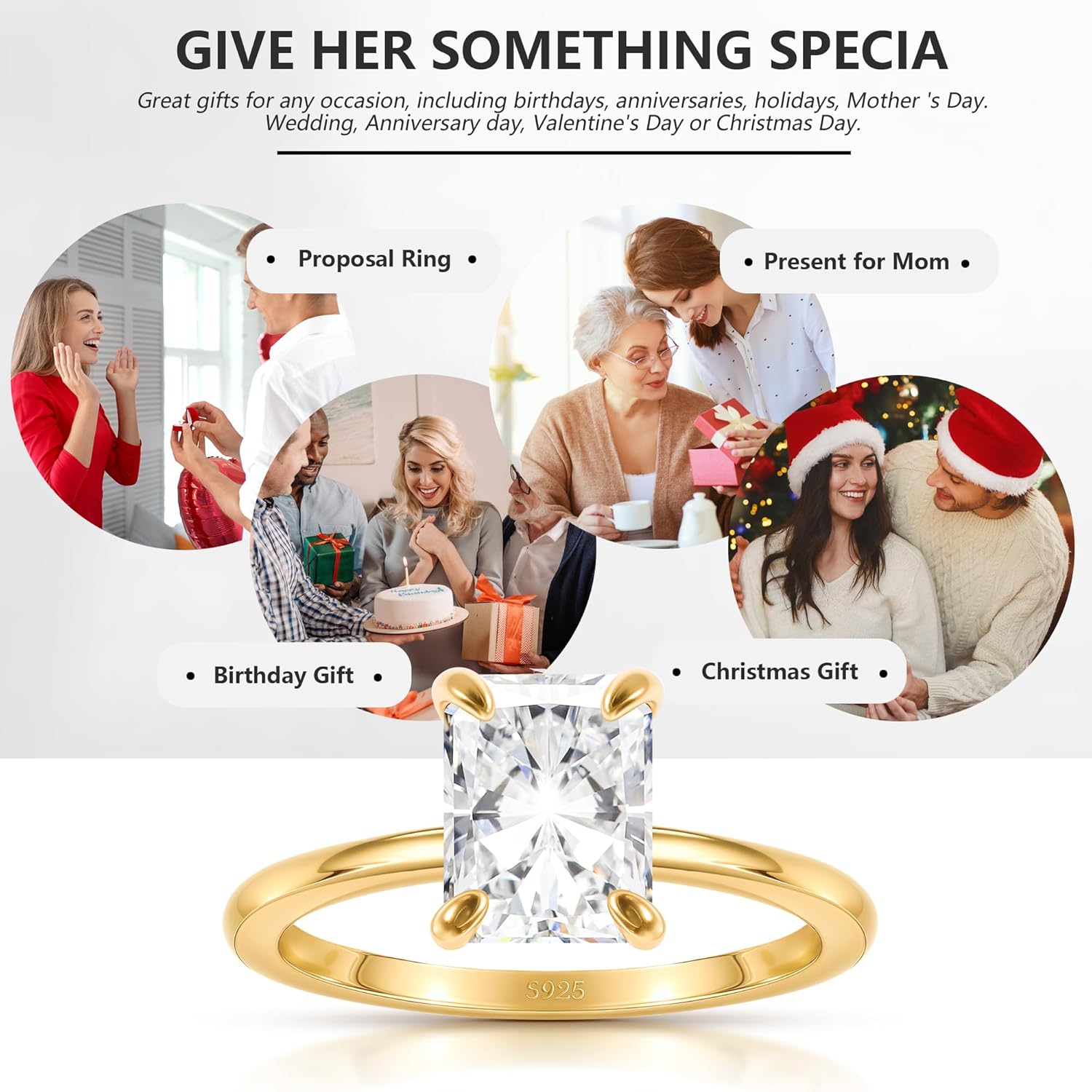 Sterling Silver Engagement Ring, 1.5CT Radiant Cut CZ, Gold Plated, Size 5-9 Gift for Wife for her, Cubic Zirconia, Cubic Zirconia - Image 5