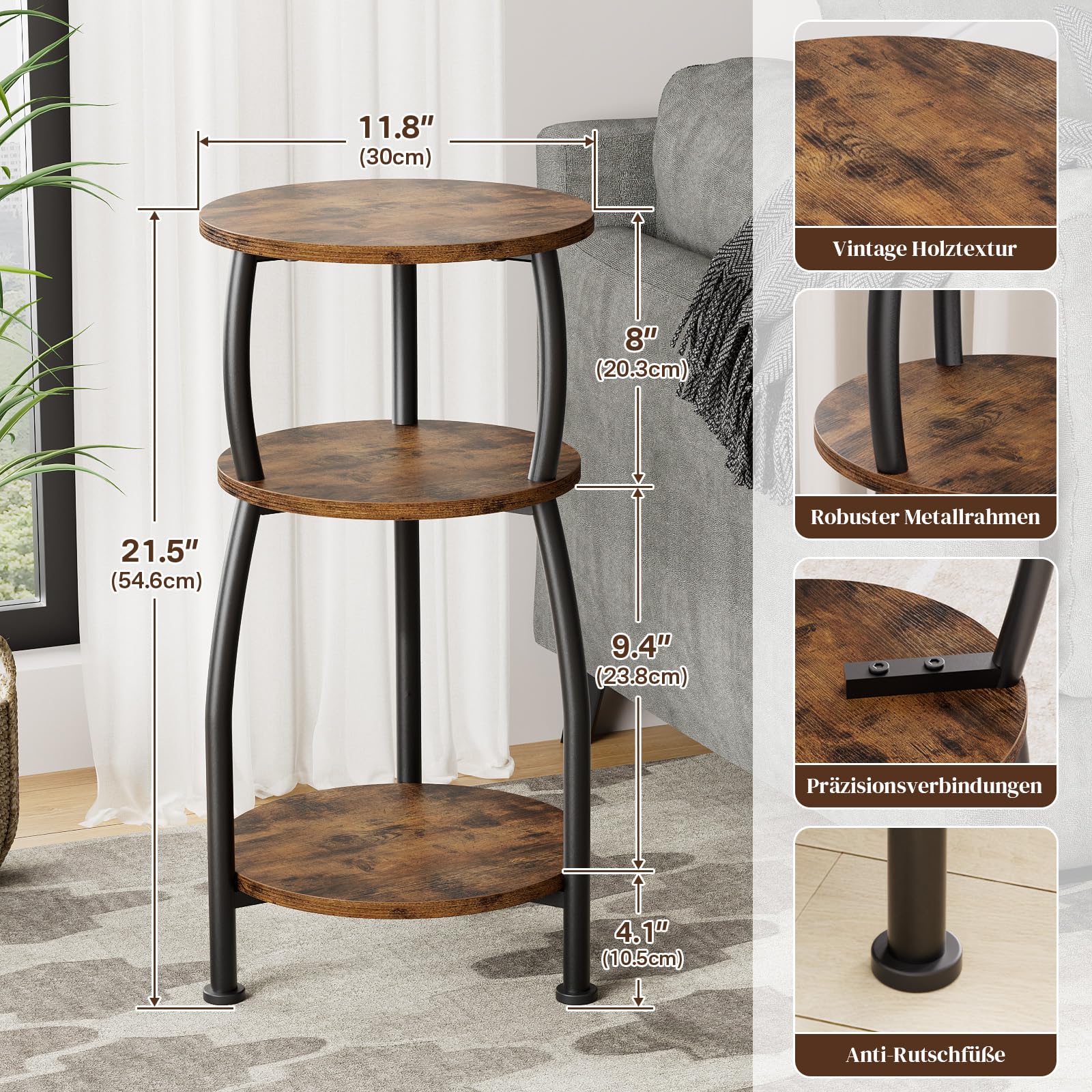 Beistelltisch rund, Kleiner Runder Tisch 3 Ebenen, Couchtisch klein mit Aufbewahrung, Nachttisch, Kaffeetisch, Sofatisch für Wohnzimmer, Schlafzimmer, Metall, modern (Braun)