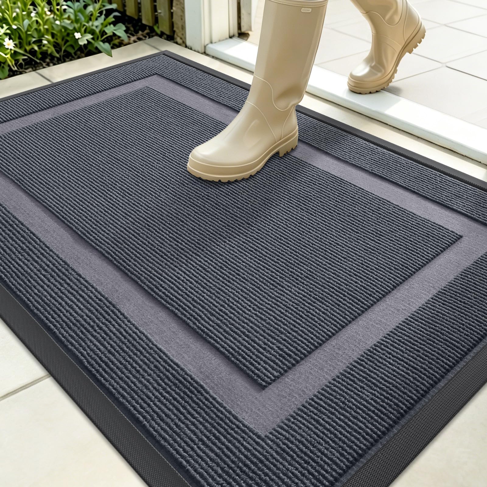 OLANLY Front Door Mat Outside 35x23, All-Season Heavy-Duty Rubber Doormat | Light Grey, Absorbent, Stain Fade Resistant, Waterproof Non-Slip Backing, Low-Profile Indoor Outdoor Floor Mat for Entryway