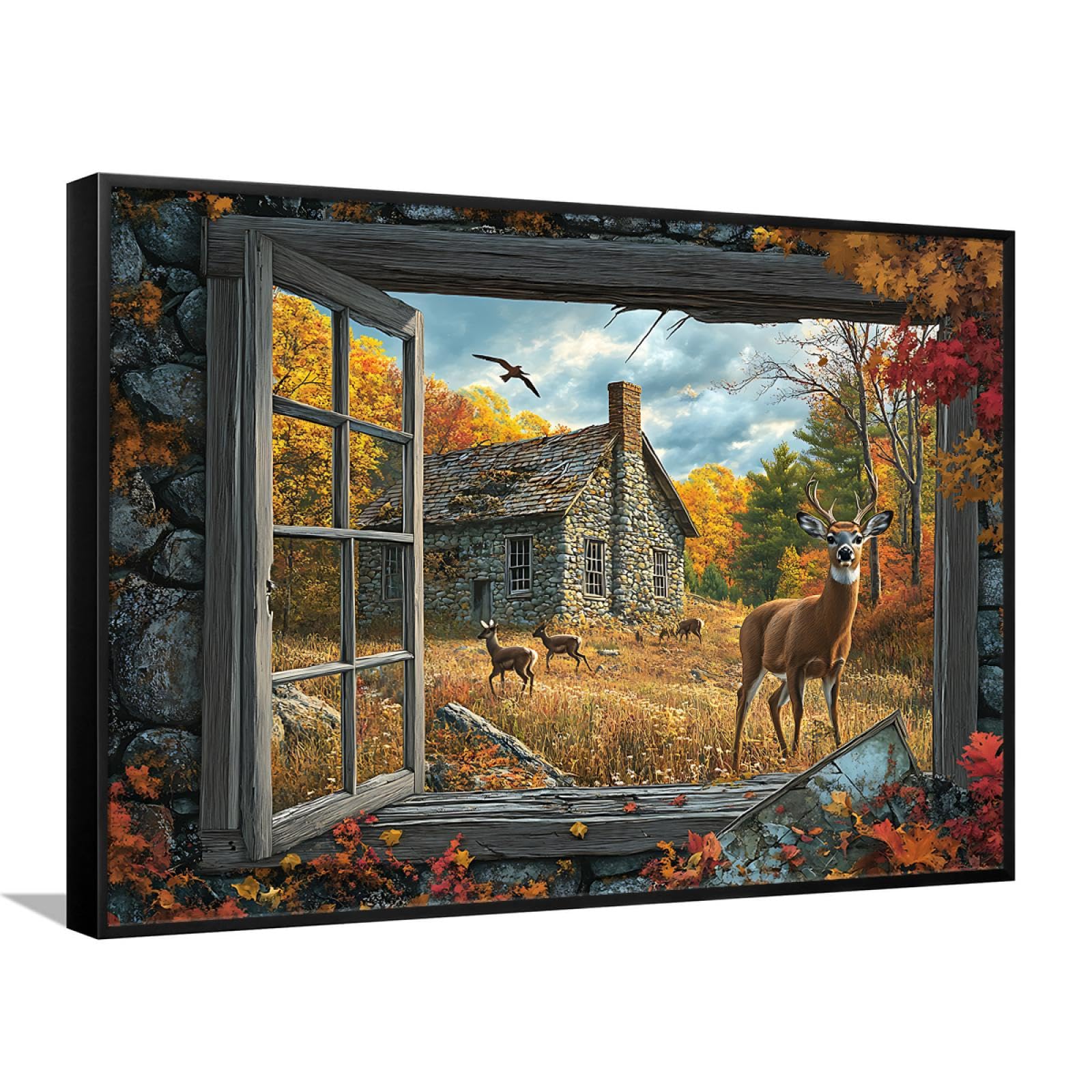 Cabaña de otoño ciervo Lienzo Arte de pared Naturaleza Paisaje Cuadros Rústico Vida silvestre Obras de arte Impresiones Bosque escénico Pósters Pintura Decor del hogar 60x90cm Con-marco-negro