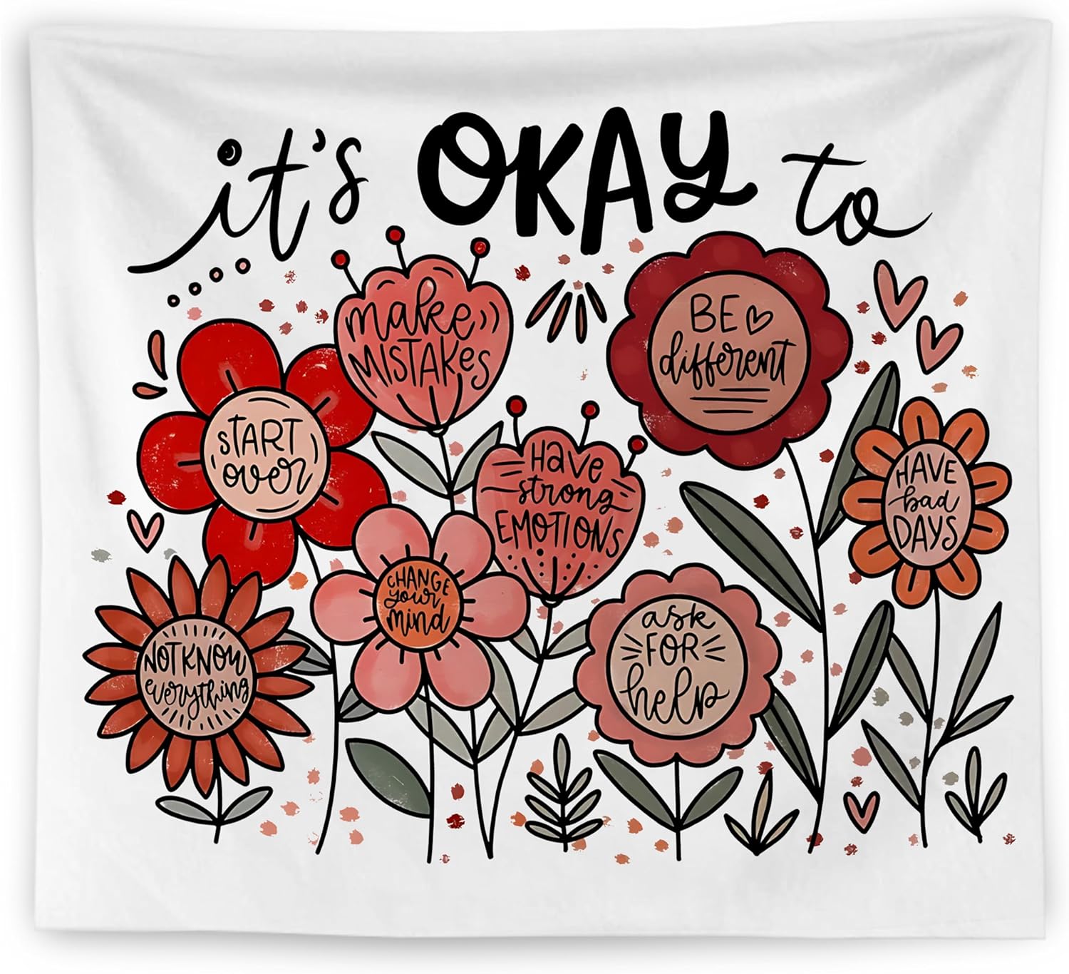 WNAGT Boho Floral Mental Health Tapestry Wall Hanging, Therapy Office Decor, It’s Okay to Positive Affirmations Mental Health Wall Blanket Decor for Counselor Office Classroom, 50×60 Inch