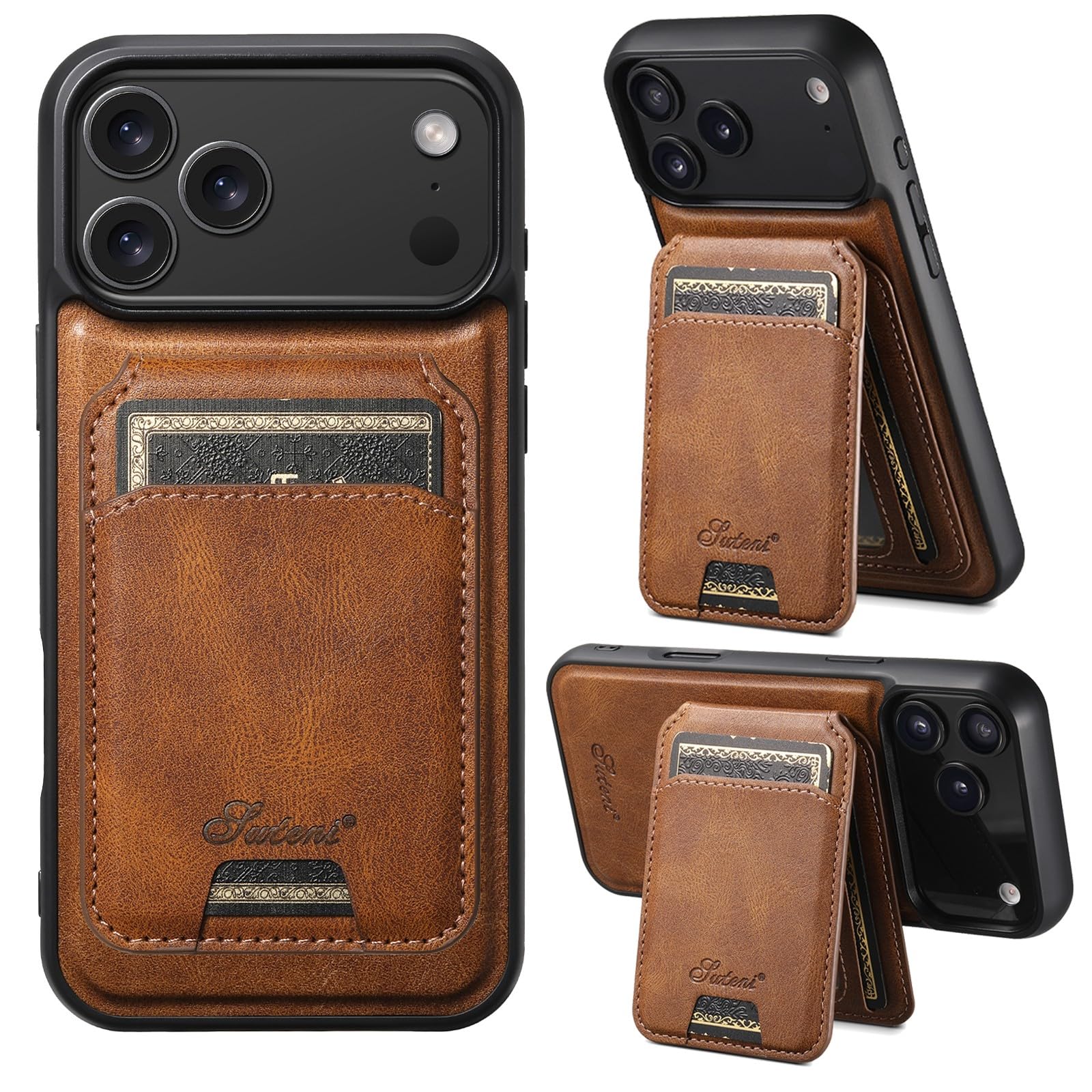 Generic Funda compatible con iPhone 15 (color: marrón) magnética de piel con función atril y tapa trasera de silicona