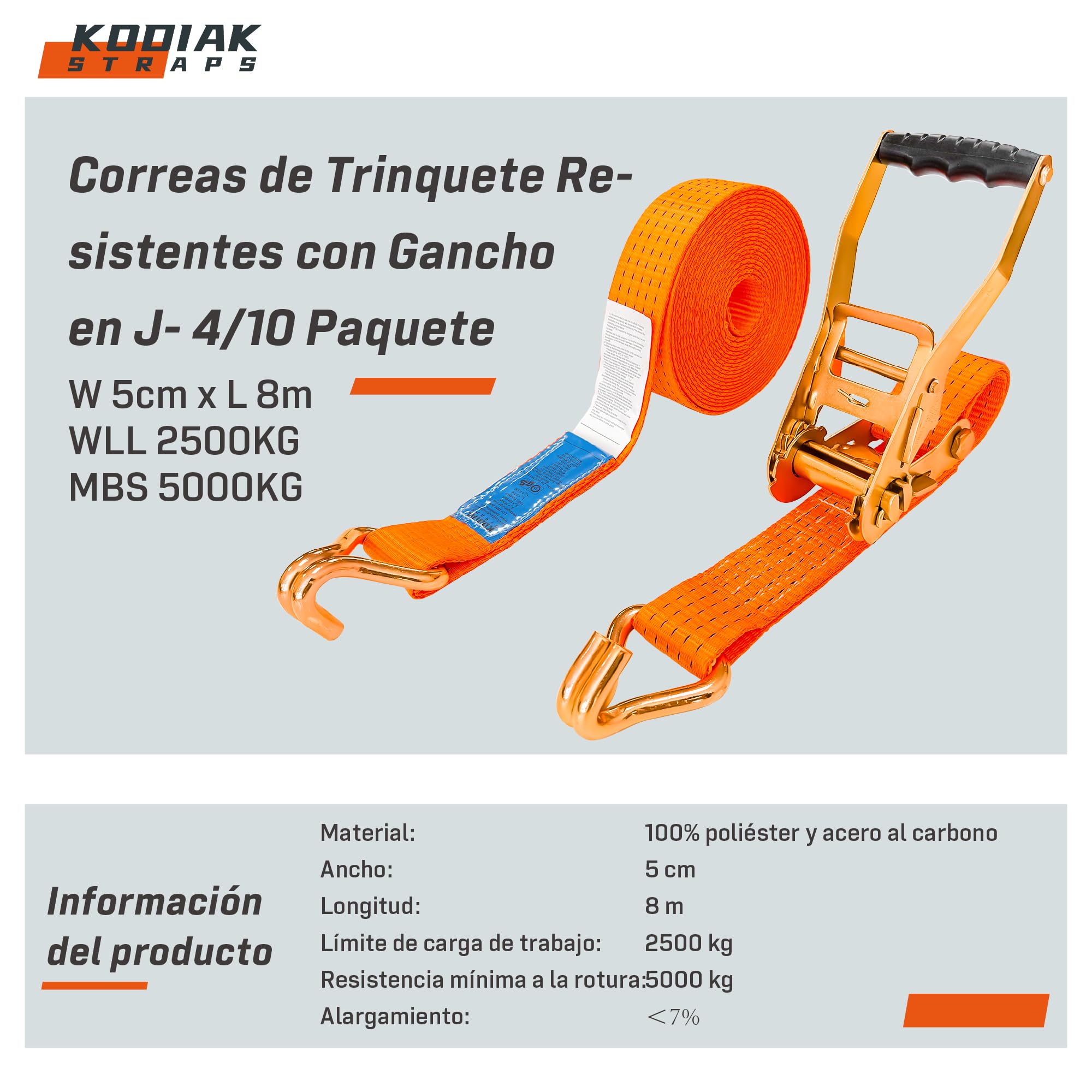 8 Correas Tensoras 8m x 5000kg con Trinquete y Ganchos - Correas de 50mm - Correa de Trinquete Naranja para Sujeción de Carga - Certificado TÜV/GS según DIN EN 12195-2 - KODIAK STRAPS