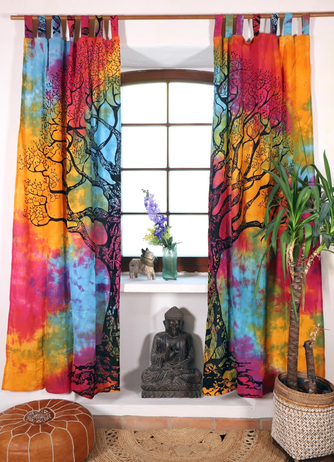 Boho Vorhänge, Gardine mit Schlaufen, handbedruckter Lebensbaum, batik