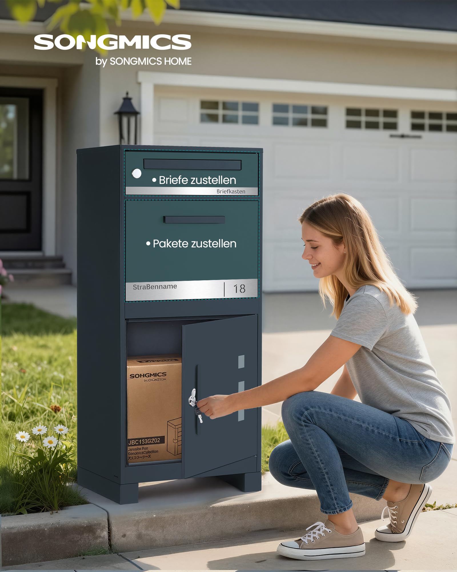 SONGMICS Paketbox, Paketbriefkasten, Briefkasten mit Paketfach, personalisiert, Paketkasten XXL, für Briefe, Pakete, Schloss mit Abdeckung, 2 Schlüssel, Stahl, anthrazit GMB091GZ01-01