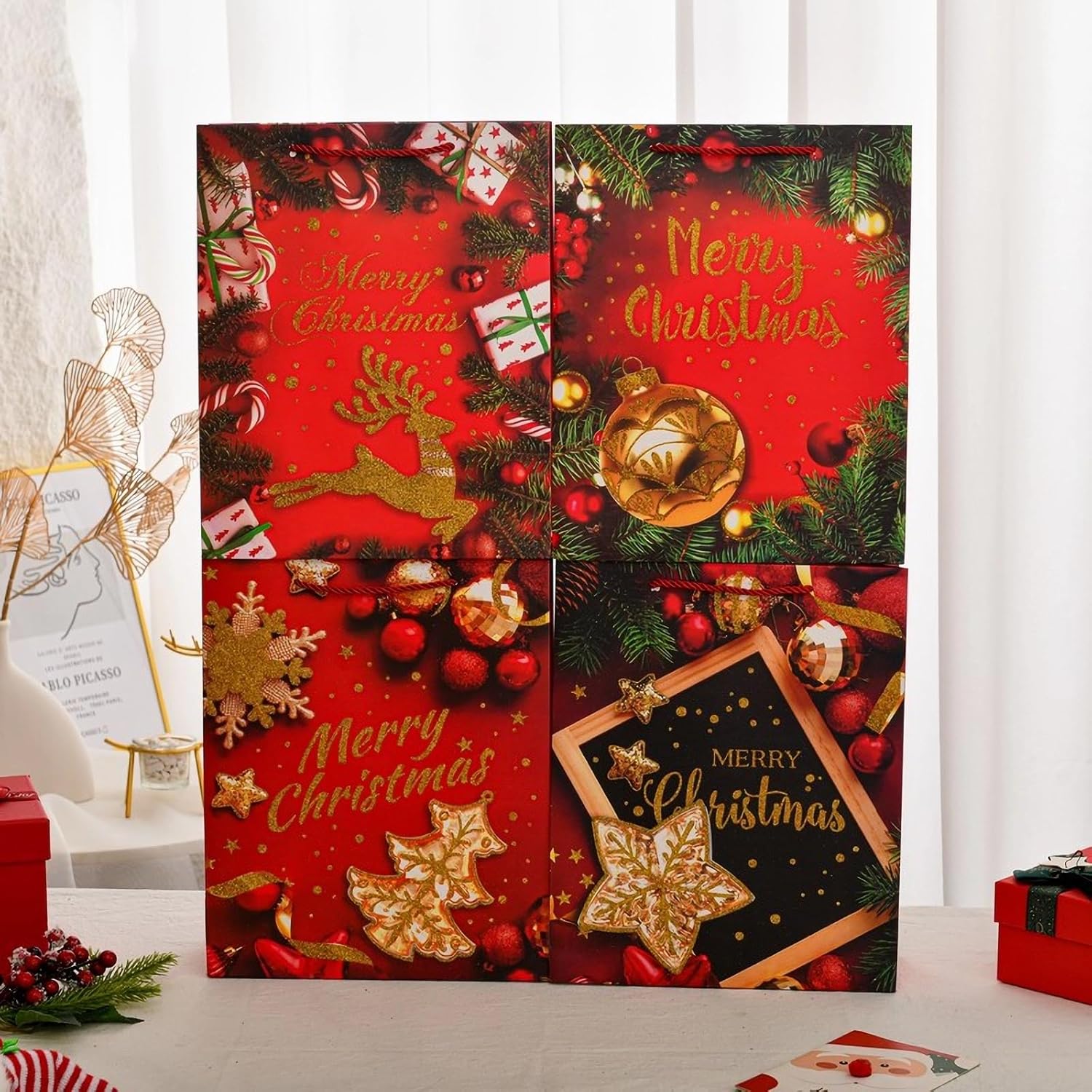 HANSWARE 4 Pack Large Christmas Gift Bags with Handles，13" Christmas Bags for Presents Reusable Bulk Paper Gift Bag,Party Favor 4PCS - Image 3