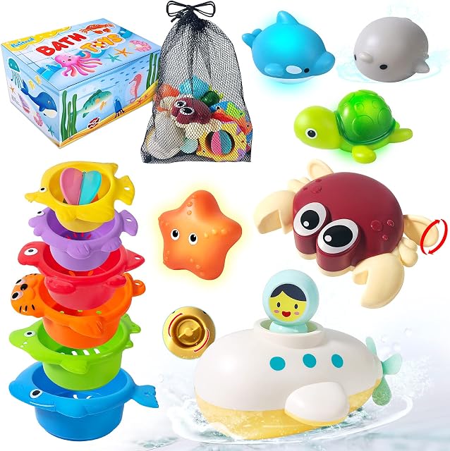 PATIFEED Bath Toys Gifts for Age 3 4 5 6 7 8+ Years Old Kids Boys Girls Toddlers - Swim Pool Bathtub Tub Toys for Toddlers, Stacking Cup with Wind Up Water Toys for Baby Birthday Christmas
