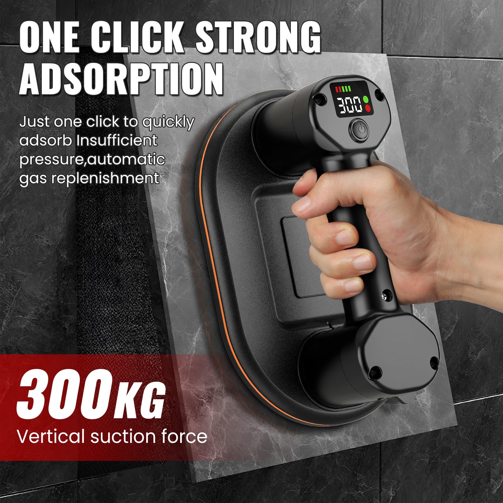 Ventosa Azulejo, Ventosa de Vacío Para Elevar Vidrio, Azulejos, Mármol, Ventosa Eléctrica de Azulejo con 3600 mAh Batería, Motores Duales, Cargas 300KG, Diámetro 24 cm, Pantalla LCD