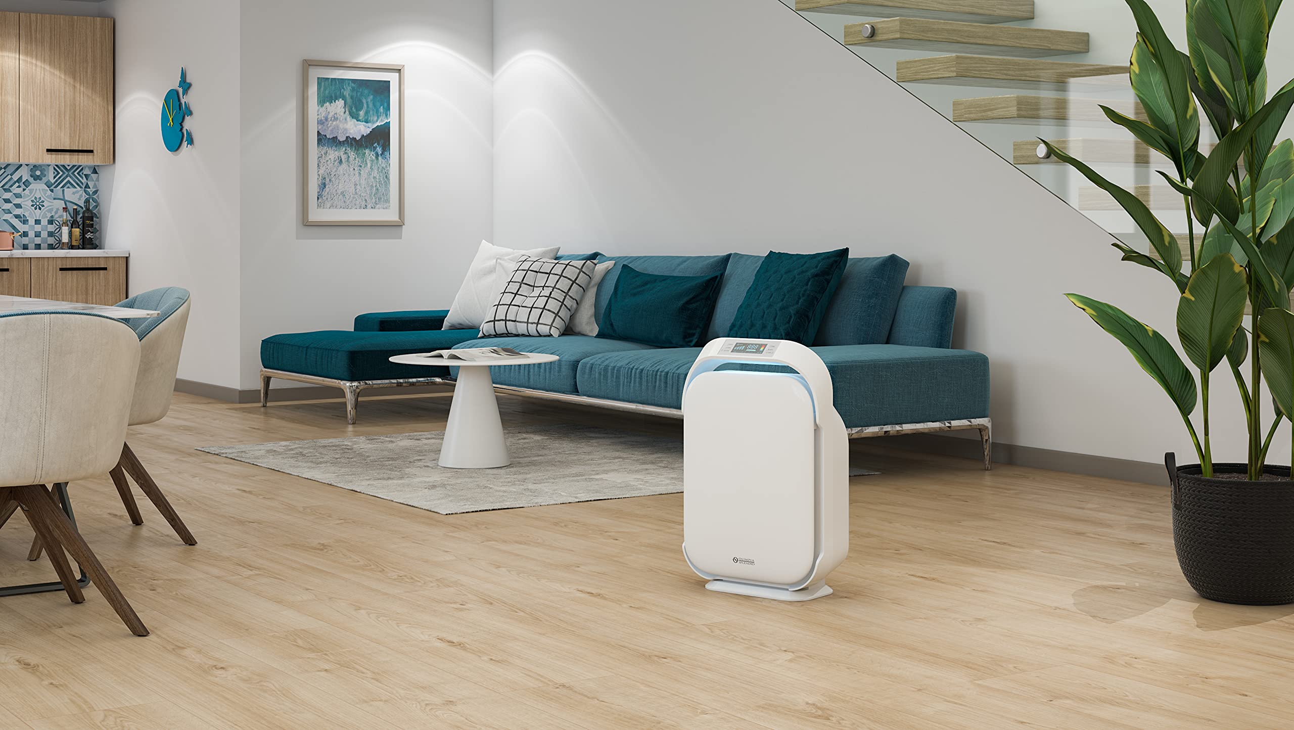 Olimpia Splendid 99278 Aura Absolute Purificatore d'aria, Tre stadi di filtrazione con Hepa14, Ionizzatore e Lampada UV germicida, Regolazione automatica, Wi-fi integrato e voice control