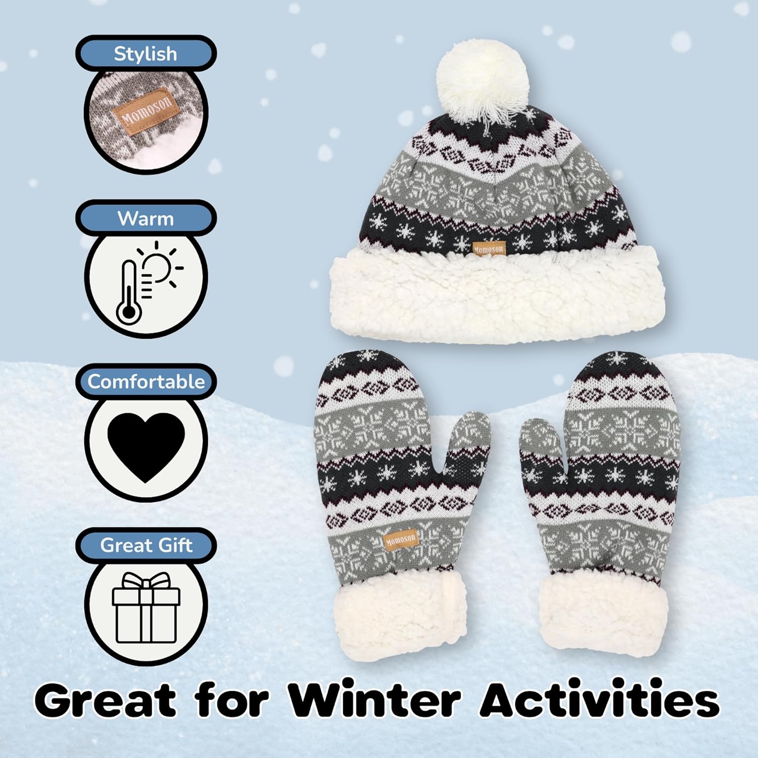 BambooMN Women's Classic Winter Fleeced Thermal Pom Pom Beanie Hat and Mittens Set - Image 2
