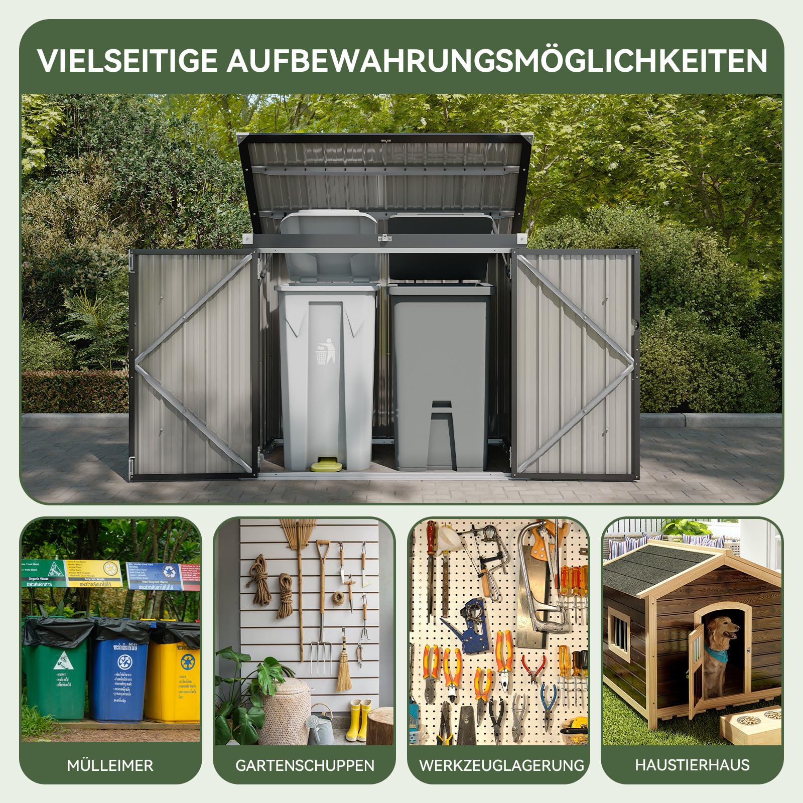 Aoxun 150x117x80 Metall Gerätehaus, Mülltonnenbox für 2 Tonnen, Wetterfester Gartenschrank mit Kettenzug-Deckel & Gasdruckfeder, zu öffnende Front- & Top-Türen, Schwarz