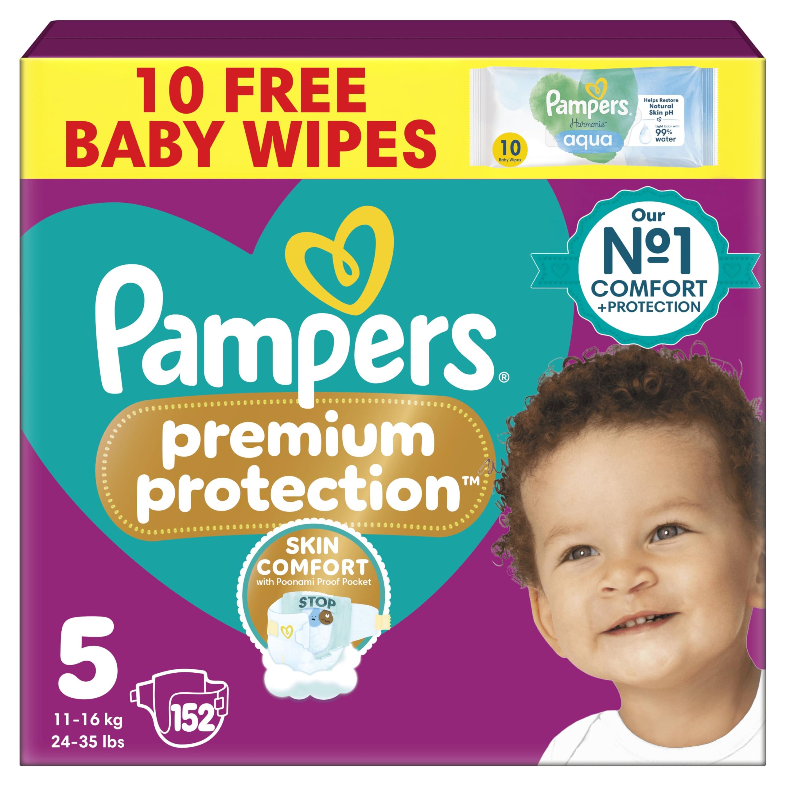 PampersPremium Protection Size 5, 152 Baby Nappies, 11kg-16kg, Monthly Pack with Pampers Harmonie Aqua Baby Wipes 1 Pack of 10 WipesThe Forest Stewardship Council