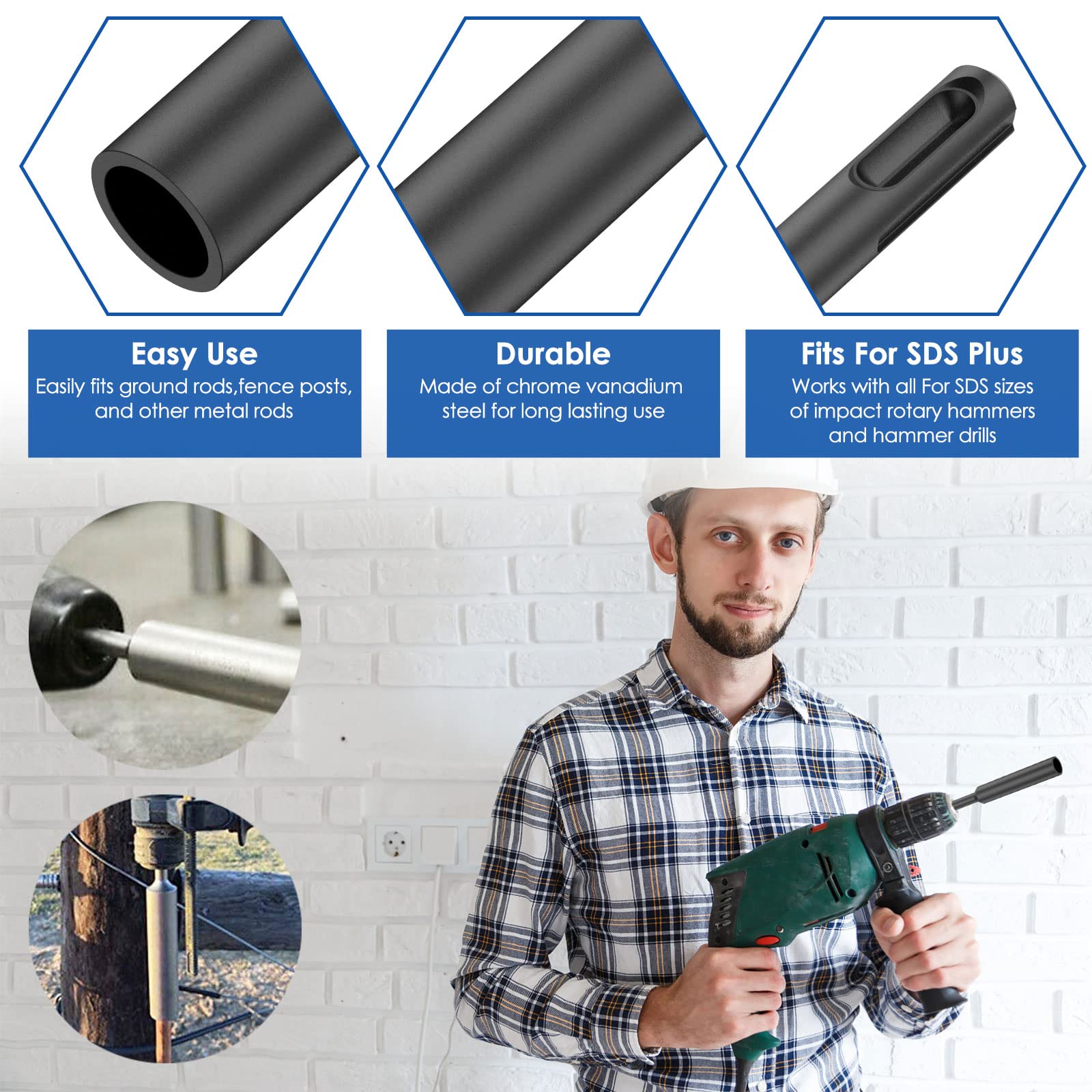 Sabre Tools,SDS Plus Ground Rod Driver Bit for 5/8 Inch and 3/4 Inch,Ground Rod Driver Professional Grounding Rod Durable Gound Rod Driver for Hammer Drill SDS Plus Rotary Hammer Drills(18mm,Black)