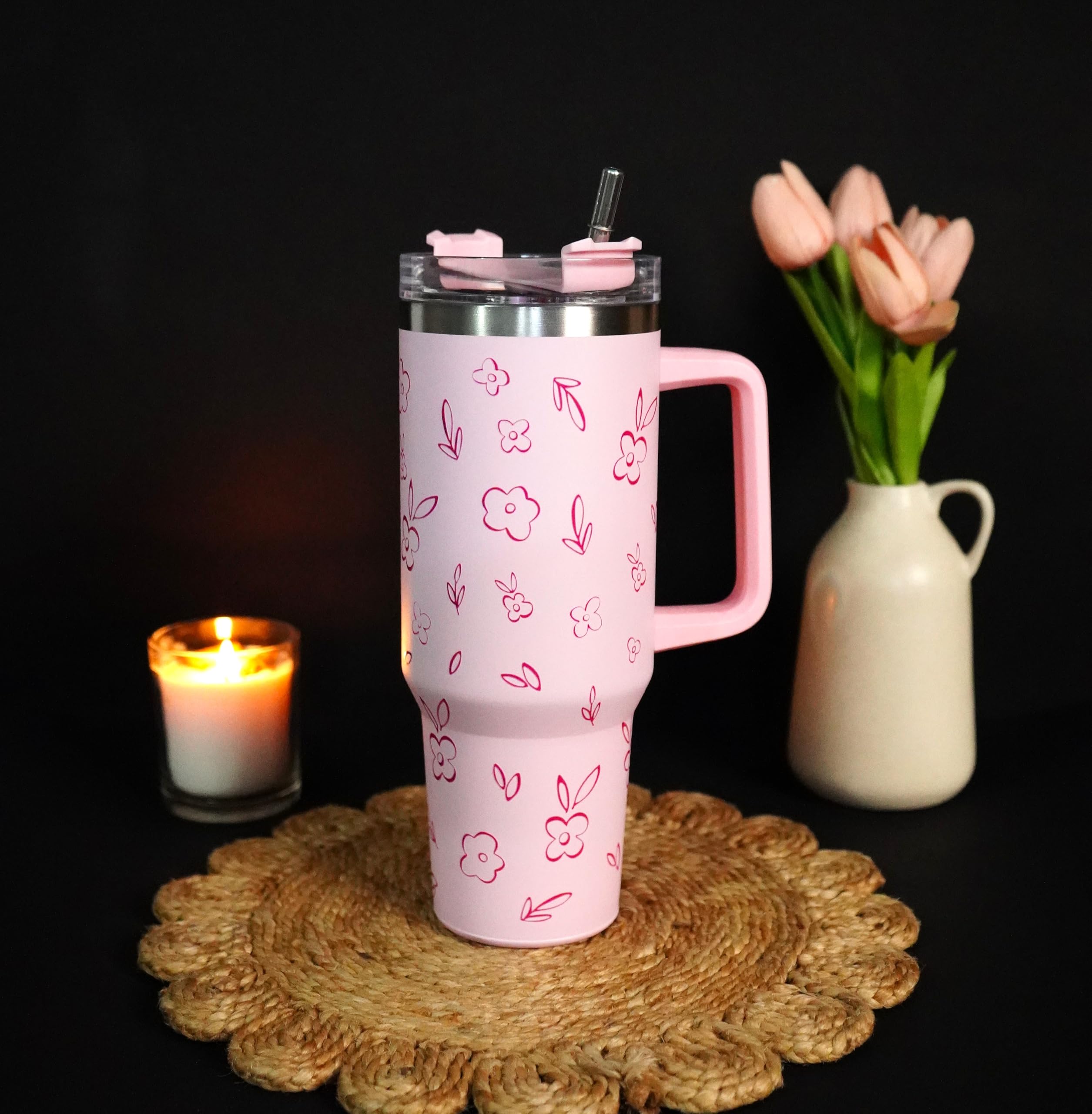 Najarat 1200ML Stainless Steel Tumbler Hot and Cold with Handle and Lid and 2 Straws, Double Insulated Cup Leak Proof Mug Cupholder for Gym, Travelling (Pink Floral)