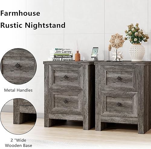 Miniatura 6 de Mesita de noche con estación de carga, mesa auxiliar de granja con armario de almacenamiento de 2 cajones, mesa auxiliar de sofá de madera rústica