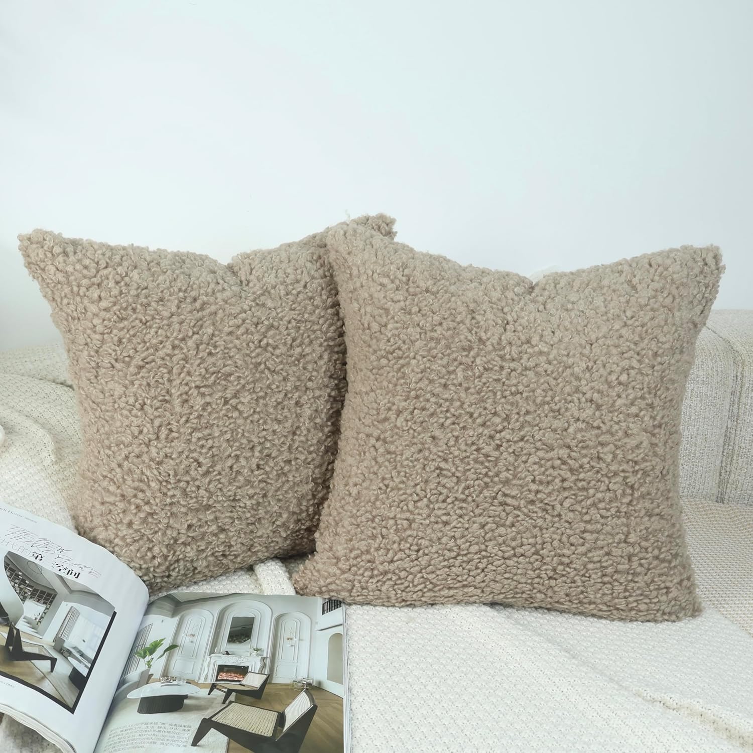 OYIMUA Brown Faux Fur Decorative Pillow Covers 20x20 Soft Fluffy Sherpa Boucle Throw Pillows Teddy Bear Textured Neutral Pillow Cases for Couch Bed Living Room