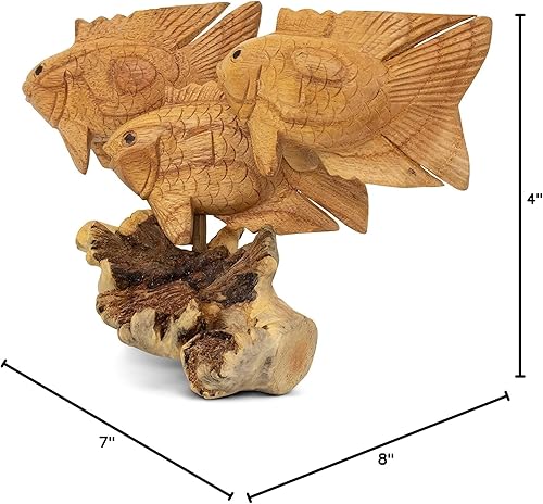 Miniatura 6 de G6 Collection Estatua de natación de madera tallada a mano con 3 peces, escultura artística, decoración rústica, decoración para el hogar, regalo