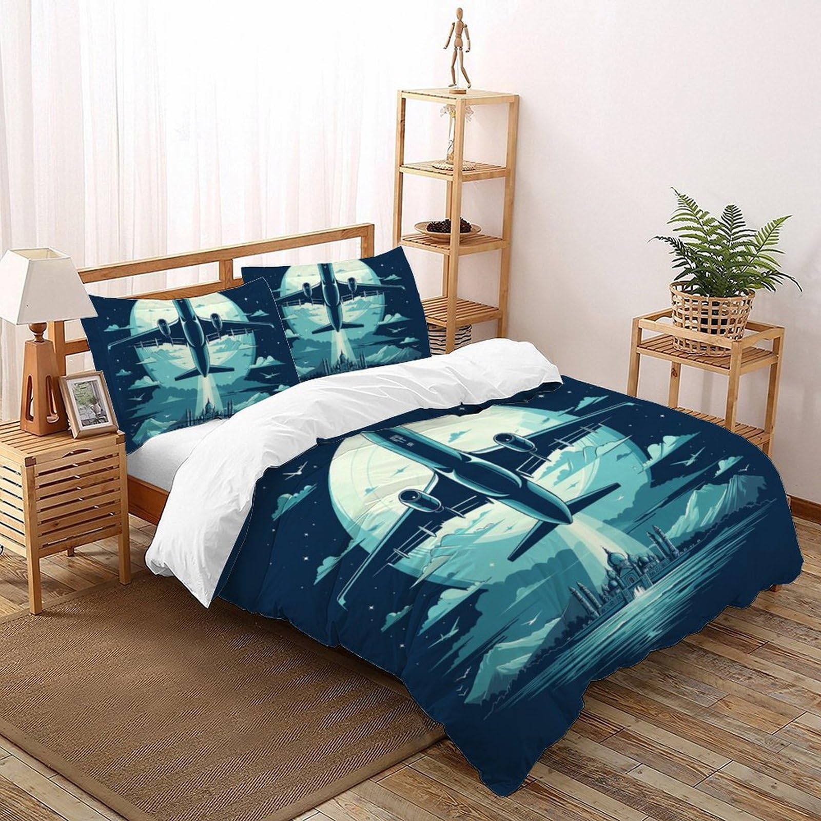 Housse de couette avion bleu 200x200cm avec 2 taies d'oreiller pour lit double