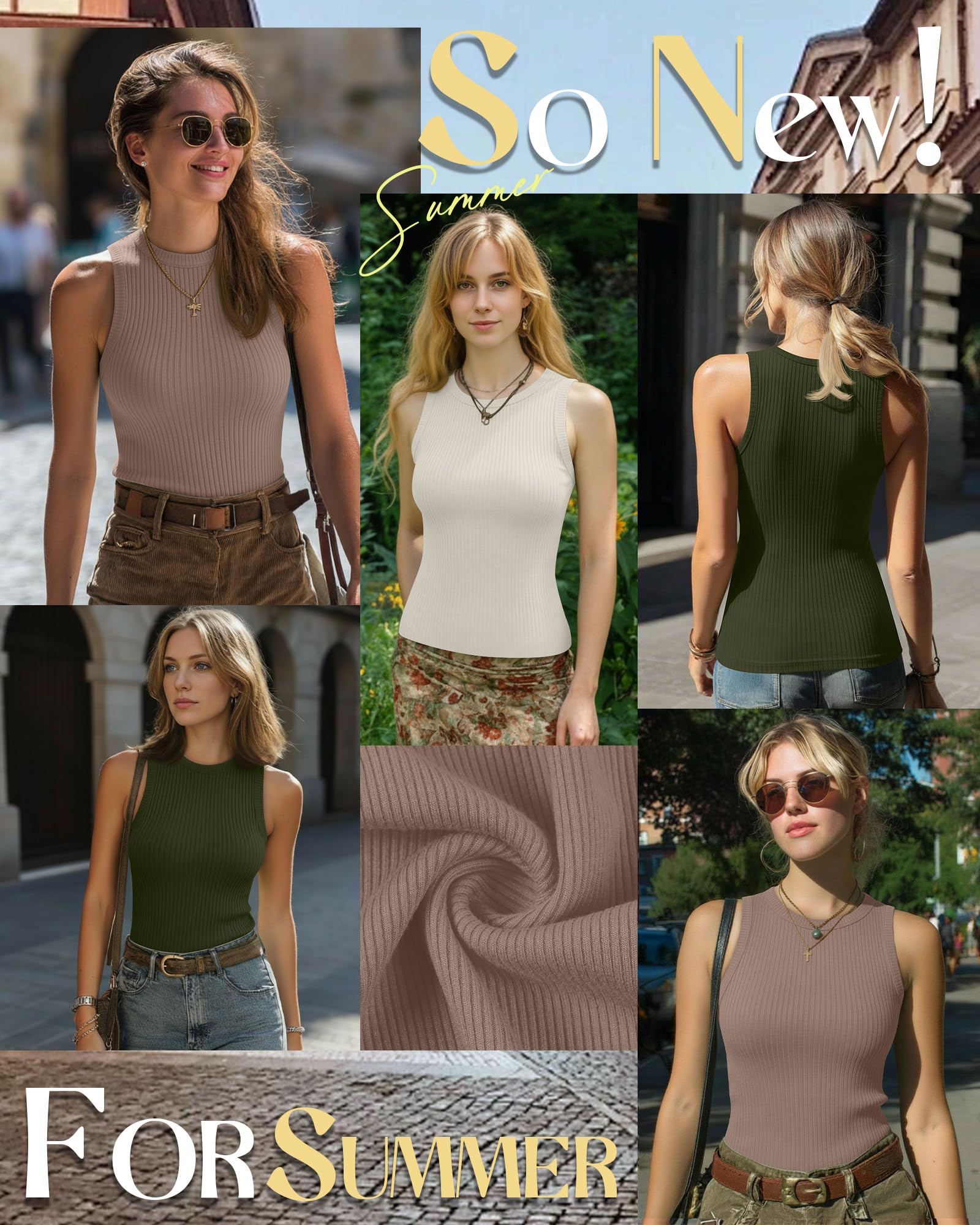 Xuniea 3er-Pack Damen-Rippstrick-Tanktops, Rundhalsausschnitt, Ärmellose Strick-T-Shirts, Figurbetonte Basic-Cami-Shirts
