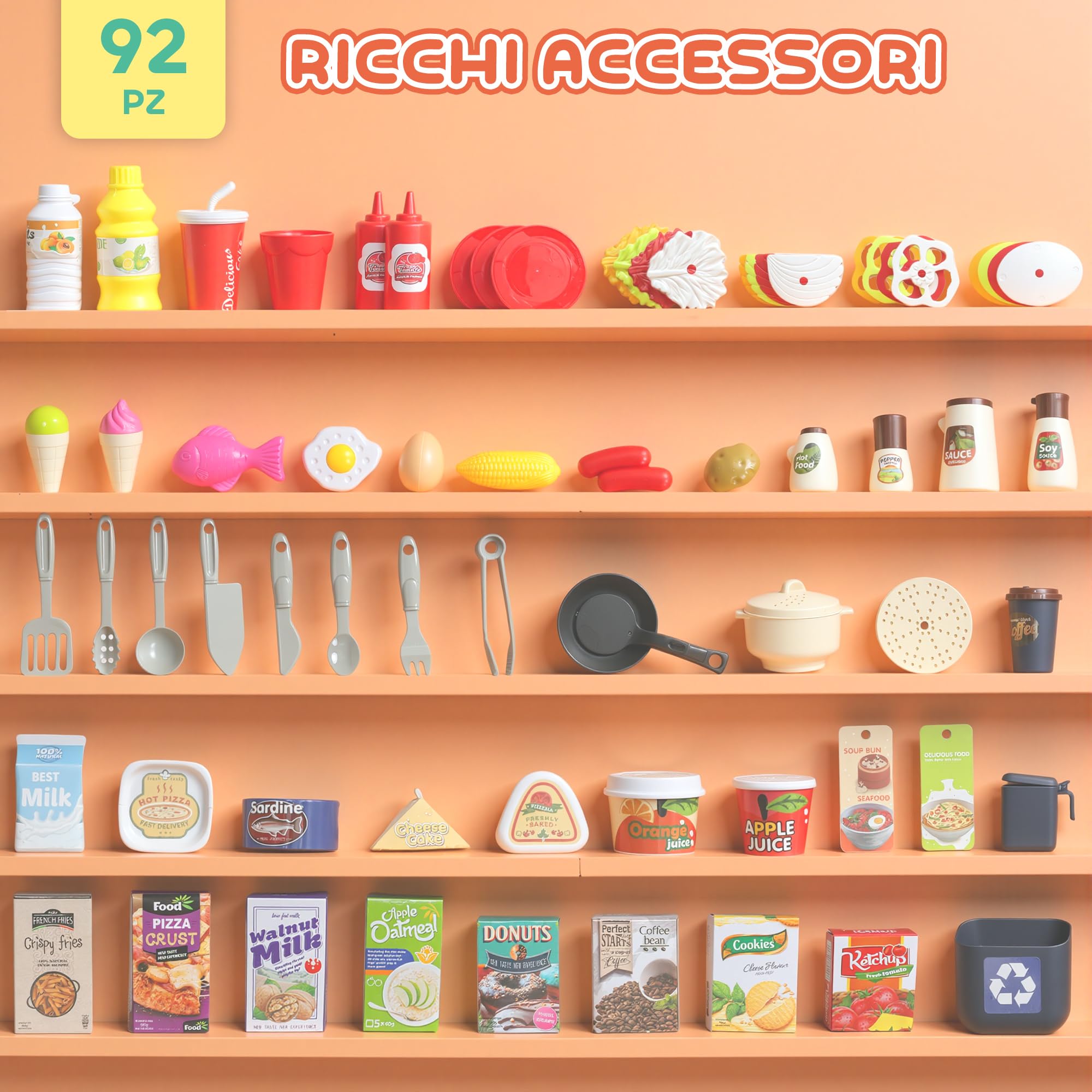 AIYAPLAY Cucina Giocattolo per Bambini 3-6 Anni, 44.5x24x79 cm Verde | 92 Accessori, Suoni Realistici, Gioco per Bambini, in PP, PE e ABS