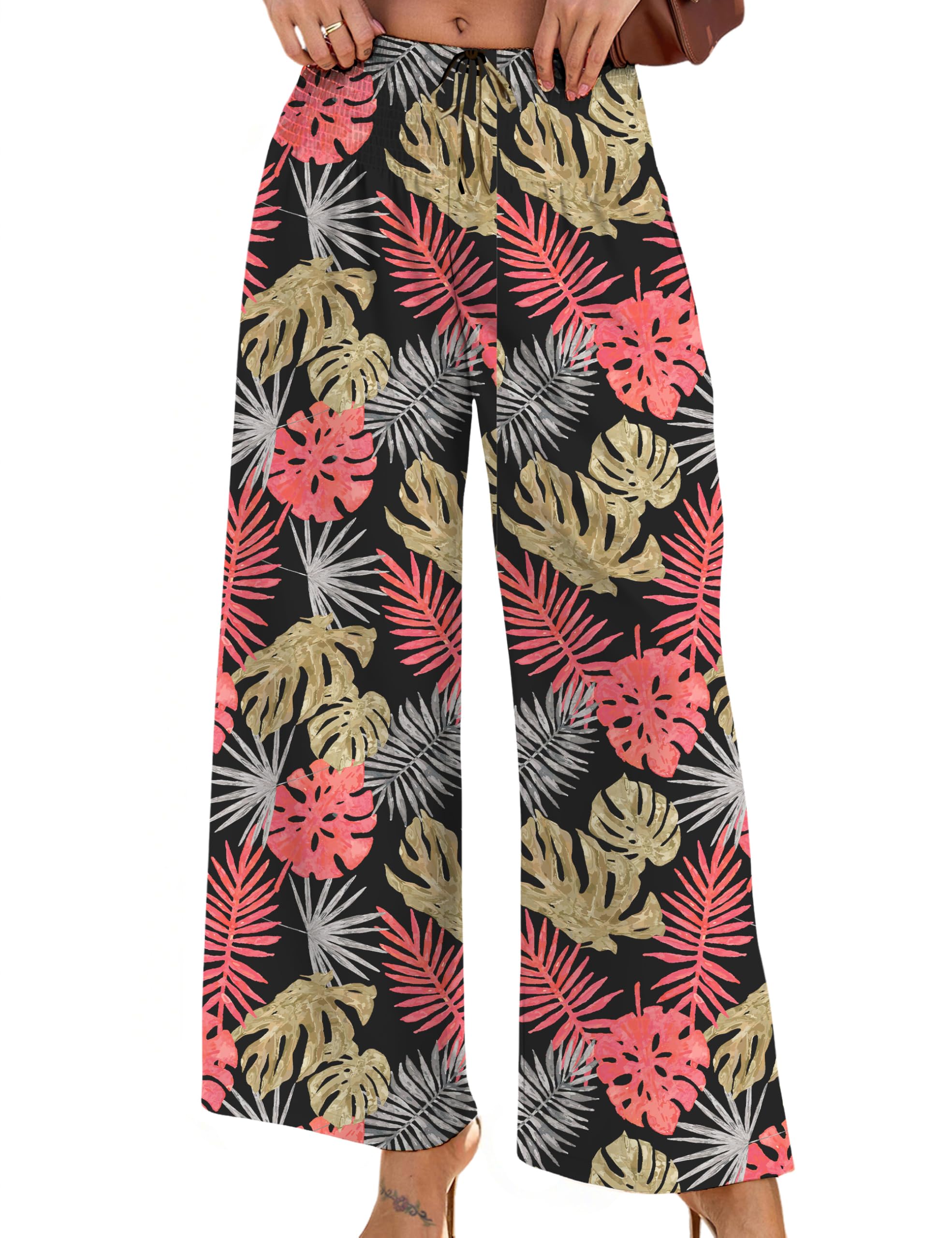 WeciBor Womens Palazzo Pants with Pocket Casual Flowy Wide Leg Fashion Print Drawstring Elastic Waist Lounge Beach Trousers
