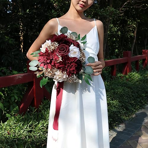 Miniatura 6 de ponatia Combo de flores artificiales de boda para bricolaje, ramos de boda, decoraciones de fiesta (dorado, marrón y crema)