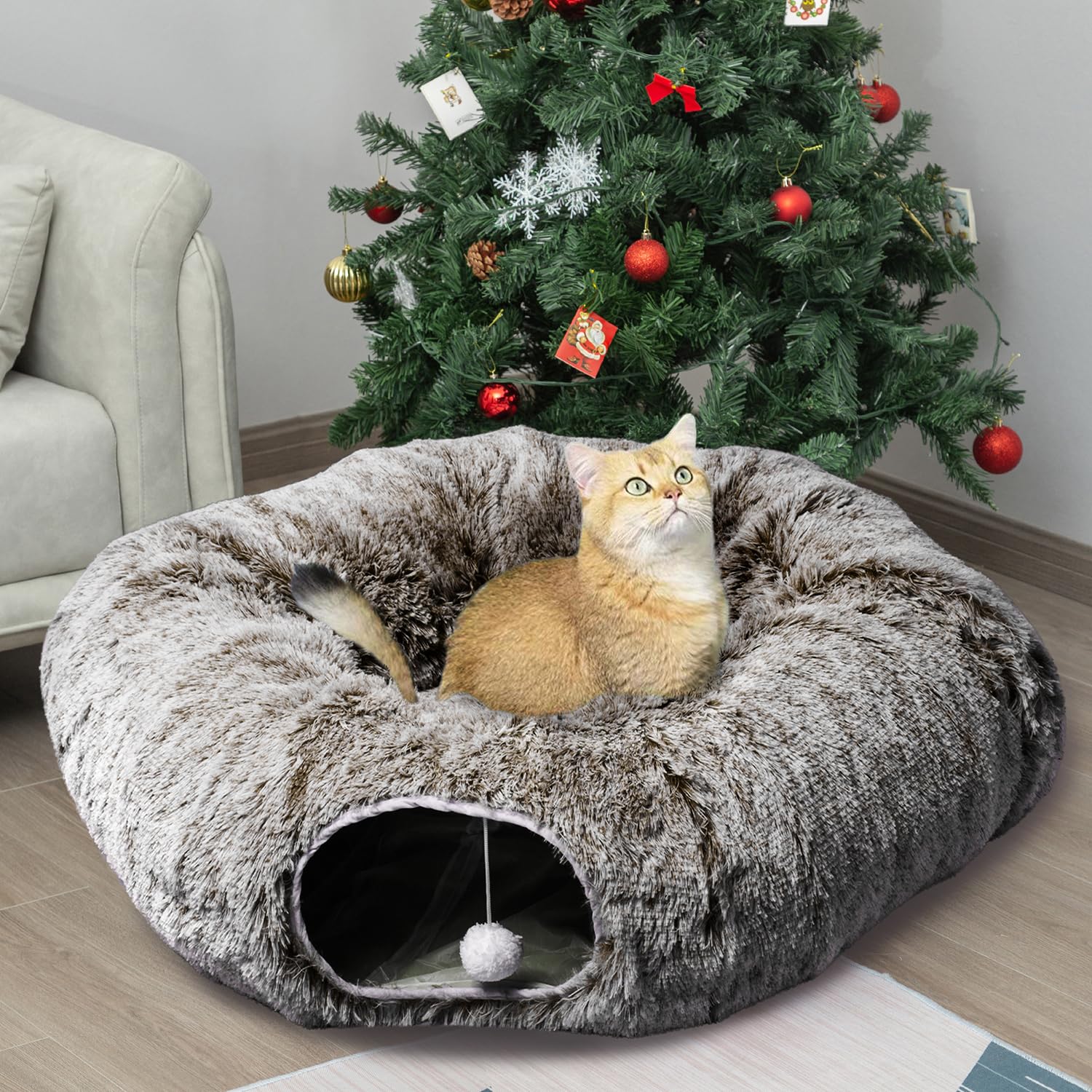 AUOON Cat Tunnel with Central Mat,Big Tube Playground Toys,Soft Plush Material,Full Moon Shape for Kitten,Cat,Puppy,Rabbit,Ferret (Brown)
