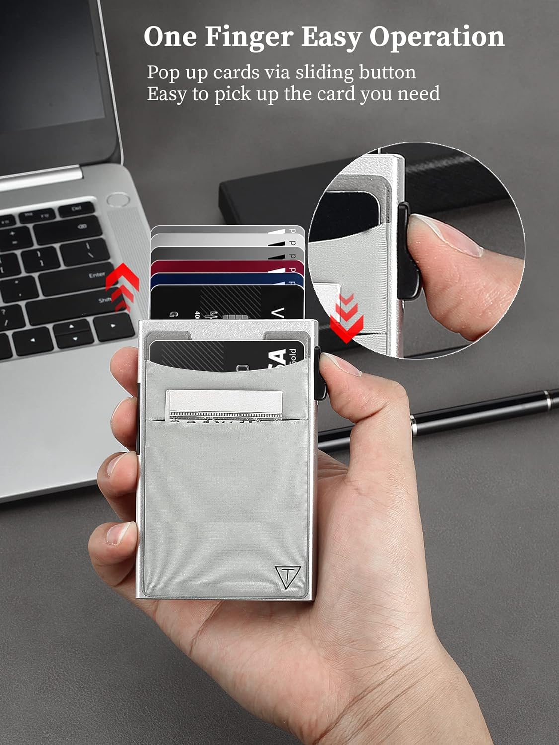 Slim Wallet for Men - Pop Up Card Holder Wallet,Minimalist Business Wallet,Credit Card Wallet with Money Pocket,Metal Card Case Wallet,RFID Blocking,Can Hold 6 Credit Cards (Silver) - Image 2