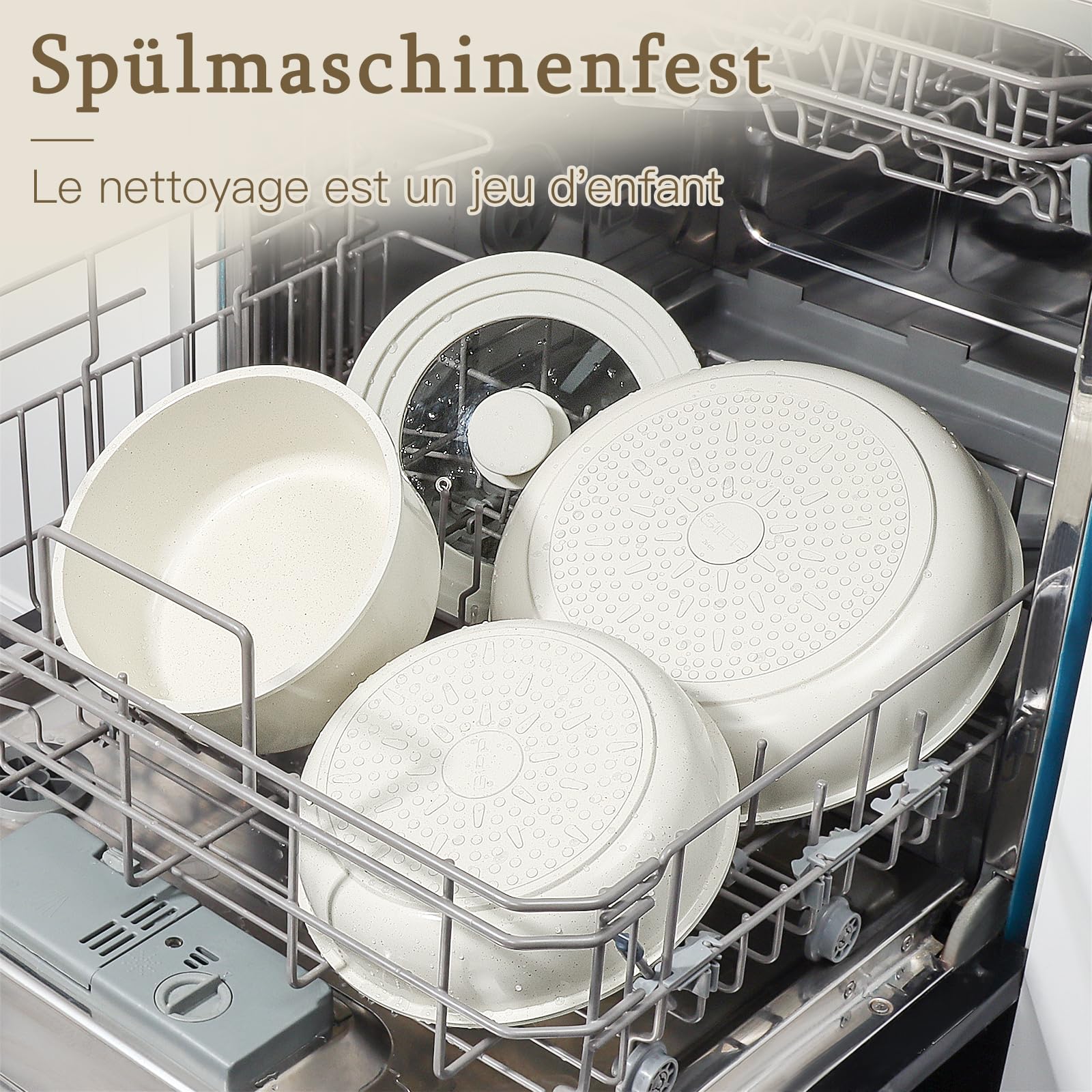 GiPP Batteries de Cuisine avec Poignée Amovible 15PCS, Sets de Poêles et Casseroles avec Revêtement Antiadhésif en Granit, Adapté au Camping, Résistantes au Four, Compatible Tous Feux, Blanc