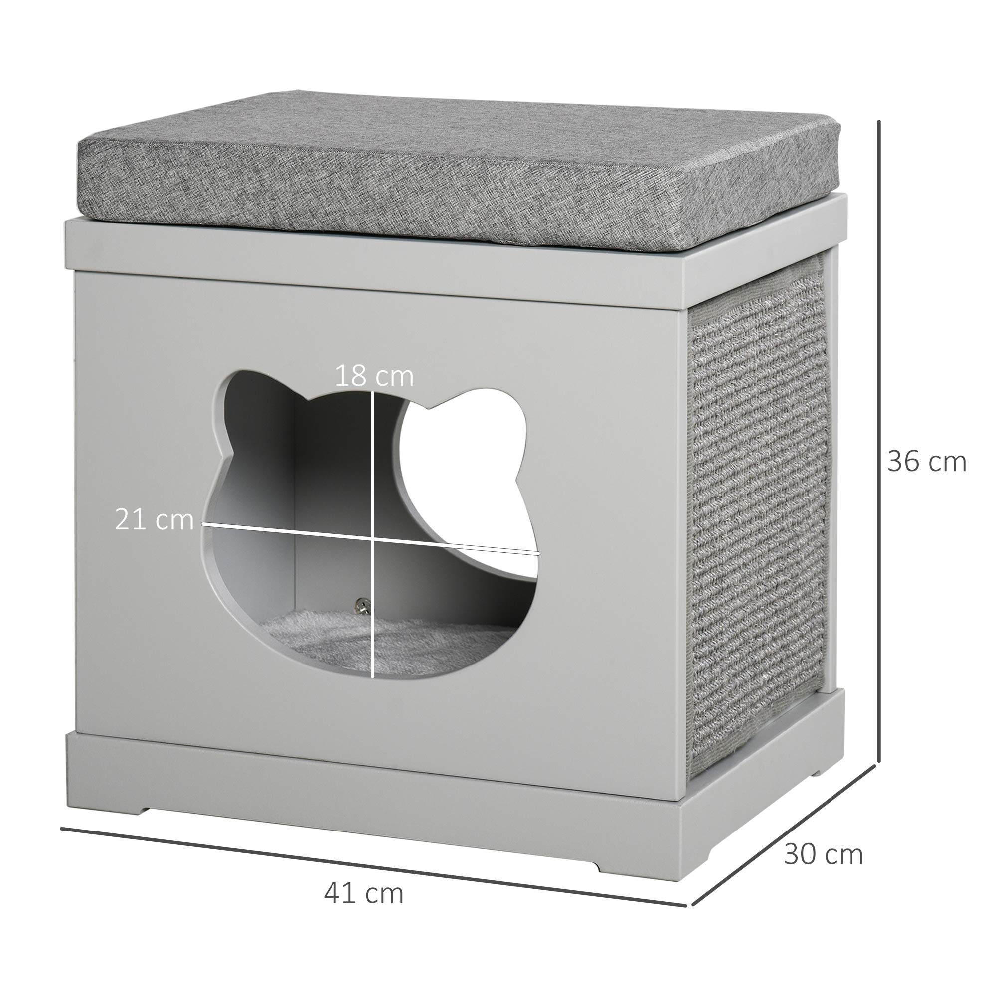 PawHut Cuccia Casetta per Gatti in Legno con 2 Cuscini e Tiragraffi Rimovibili, Grigio, 41x30x36cm