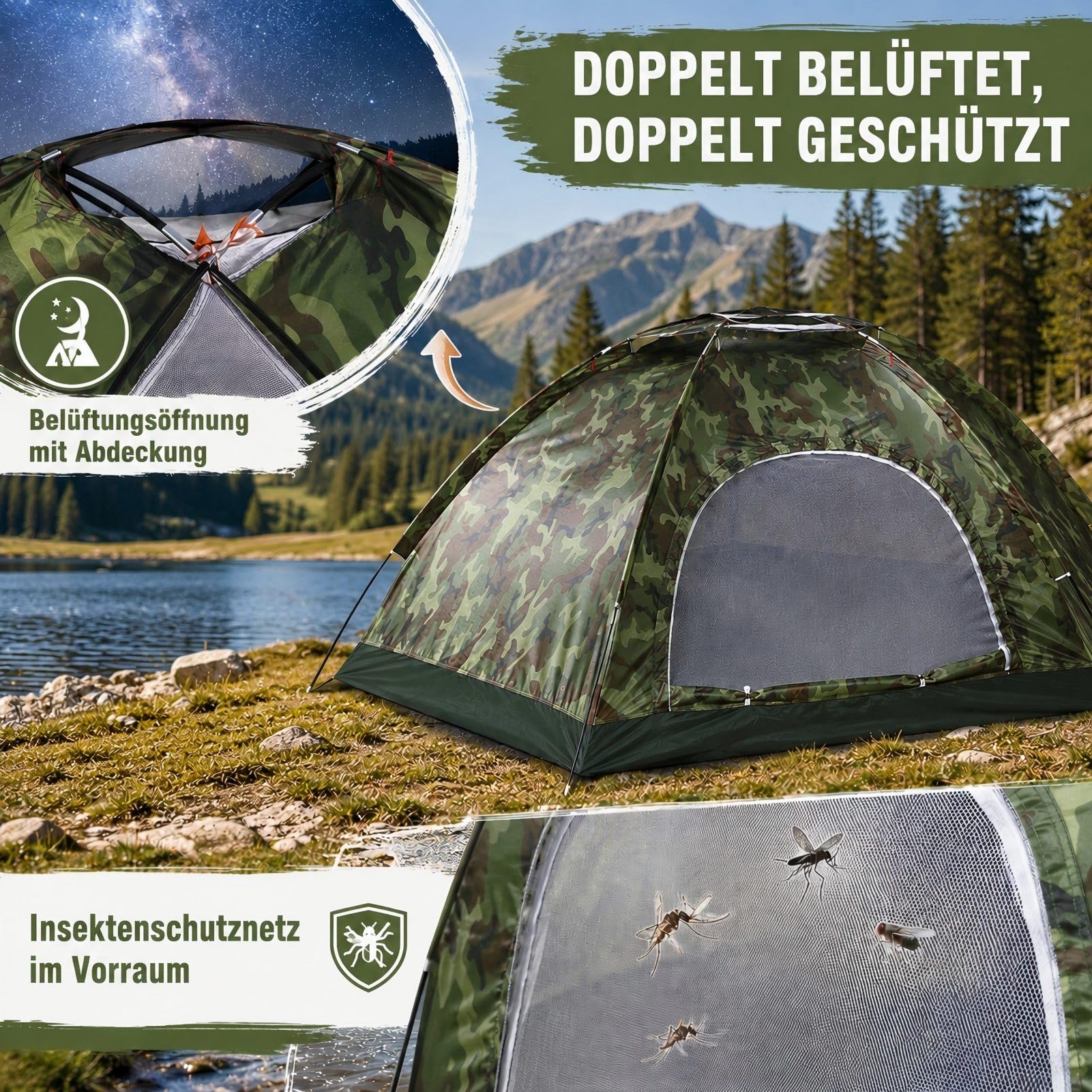 Socobeta Tenda Mimetica da Campeggio per 2 Persone, 3 Stagione, Impermeabile, con Rete Anti-Insetti, Portatile e Leggera