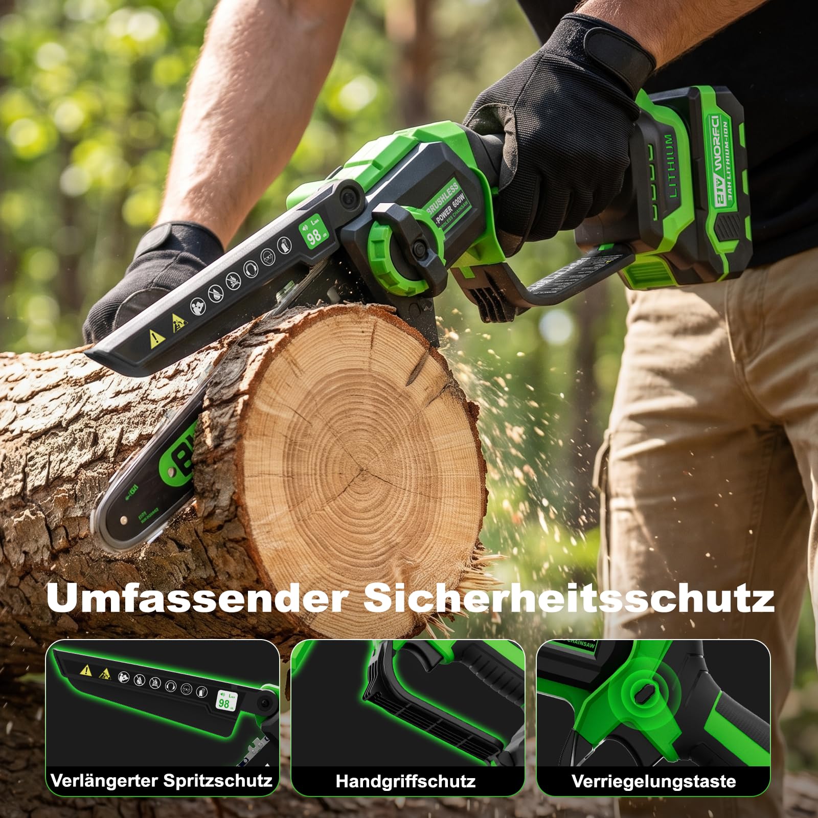 Mini 8-Zoll Akku-Kettensäge, 2 Akkus & Ladegerät, Bürstenlose Elektro Astsäge mit Automatischem Öler, Gartengerät zum Beschneiden von Holz und Bäumen