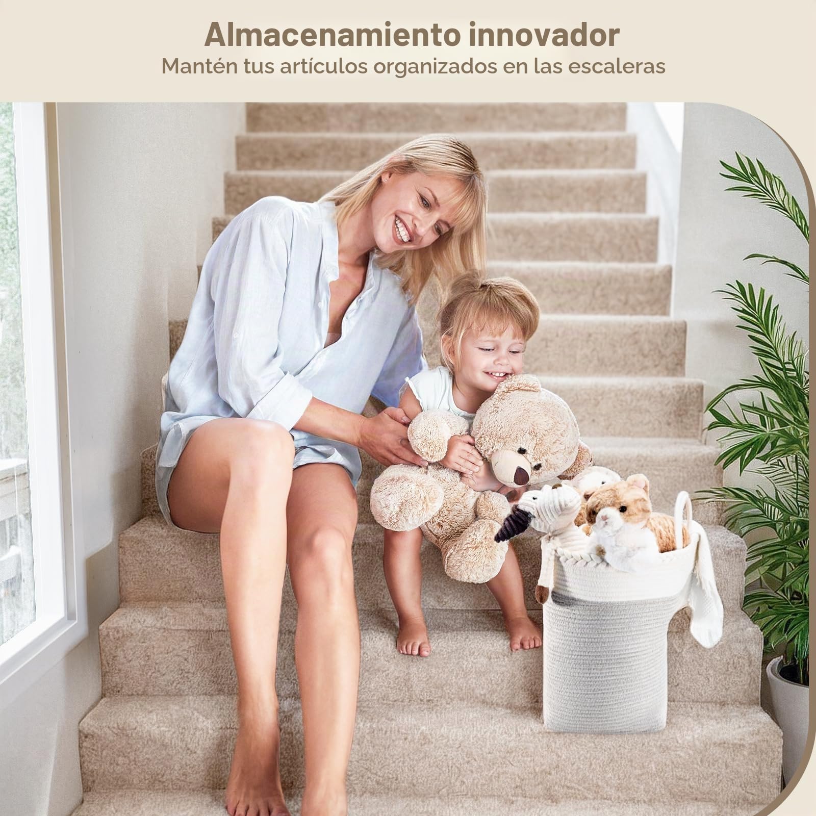 Puricon Cestas de Escalera, Cesta Plegable de Algodón de Almacenamiento con Asa Organizador de Escalera en Forma de L -Gris
