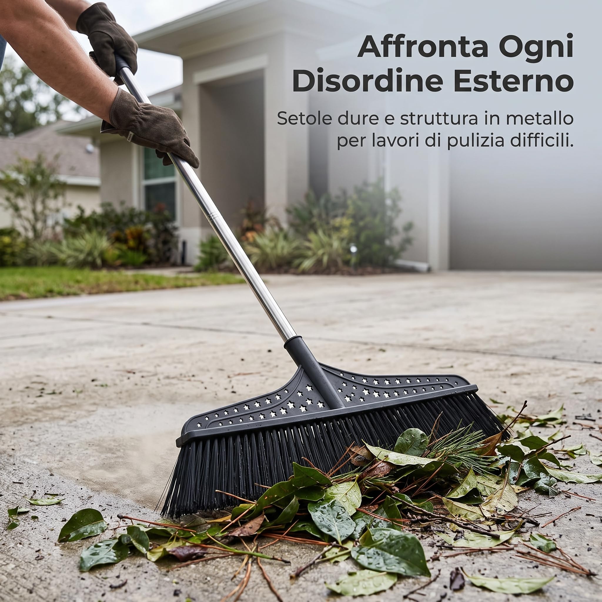 Scopa per Esterni Robusta con Setole Rigide a 5 File e Manico in Acciaio Inossidabile, per Cortili e Giardini, 70 cm