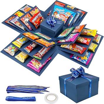 Zourglow 5 Layer Creative Explosion Gift Box, Surprise Gift Box Explosion with Ribbon and Double-Sided Tape, DIY Snack Explosion Box for Birthday, Anniversary, Valentine's Day, Wedding Blue