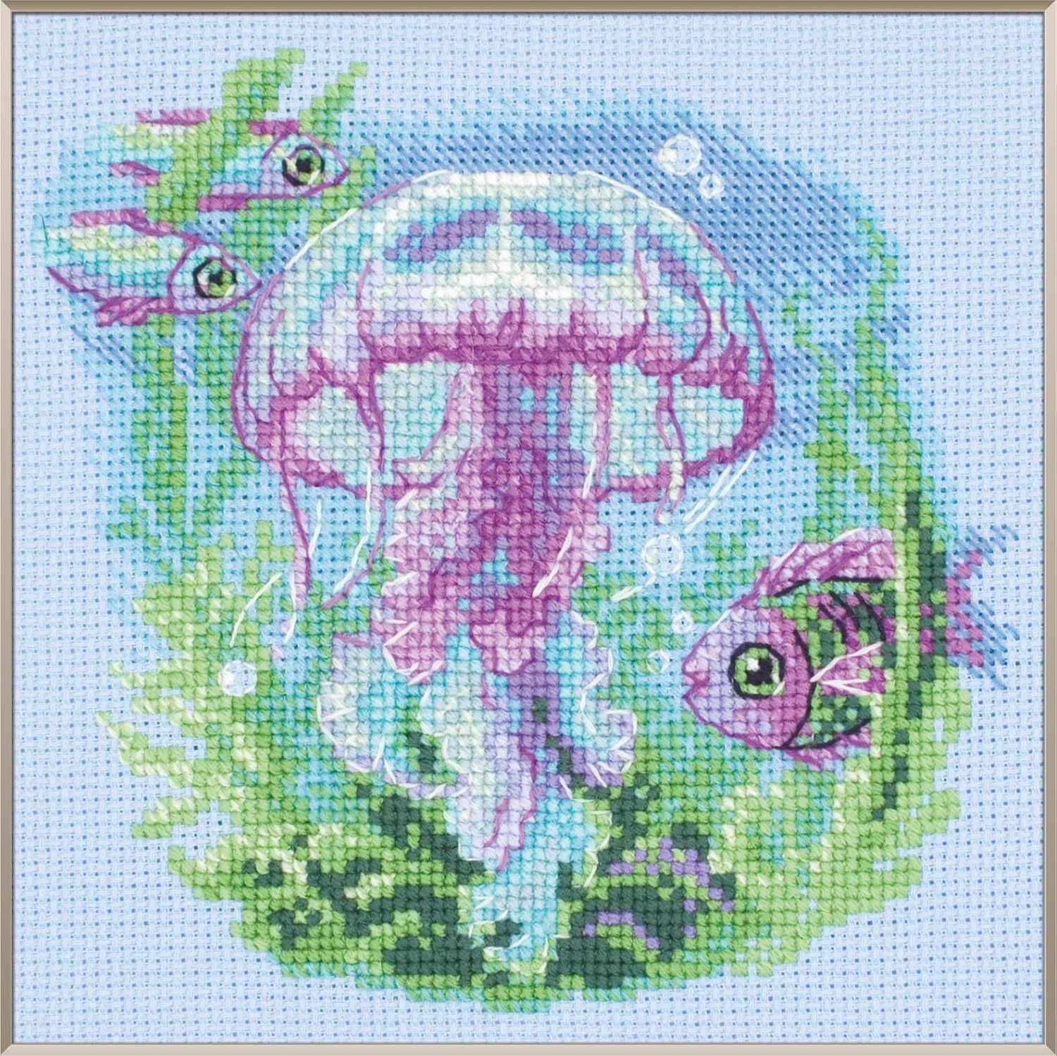 Aine - Baby Jellyfish A1039, Animals Cross Stitch Kits 6x6, Cross Stitch Kits for Beginners & Advanced, DYI Gift Crossstitching Kit Adult, Nature Embroidery Counted Stitching Kit