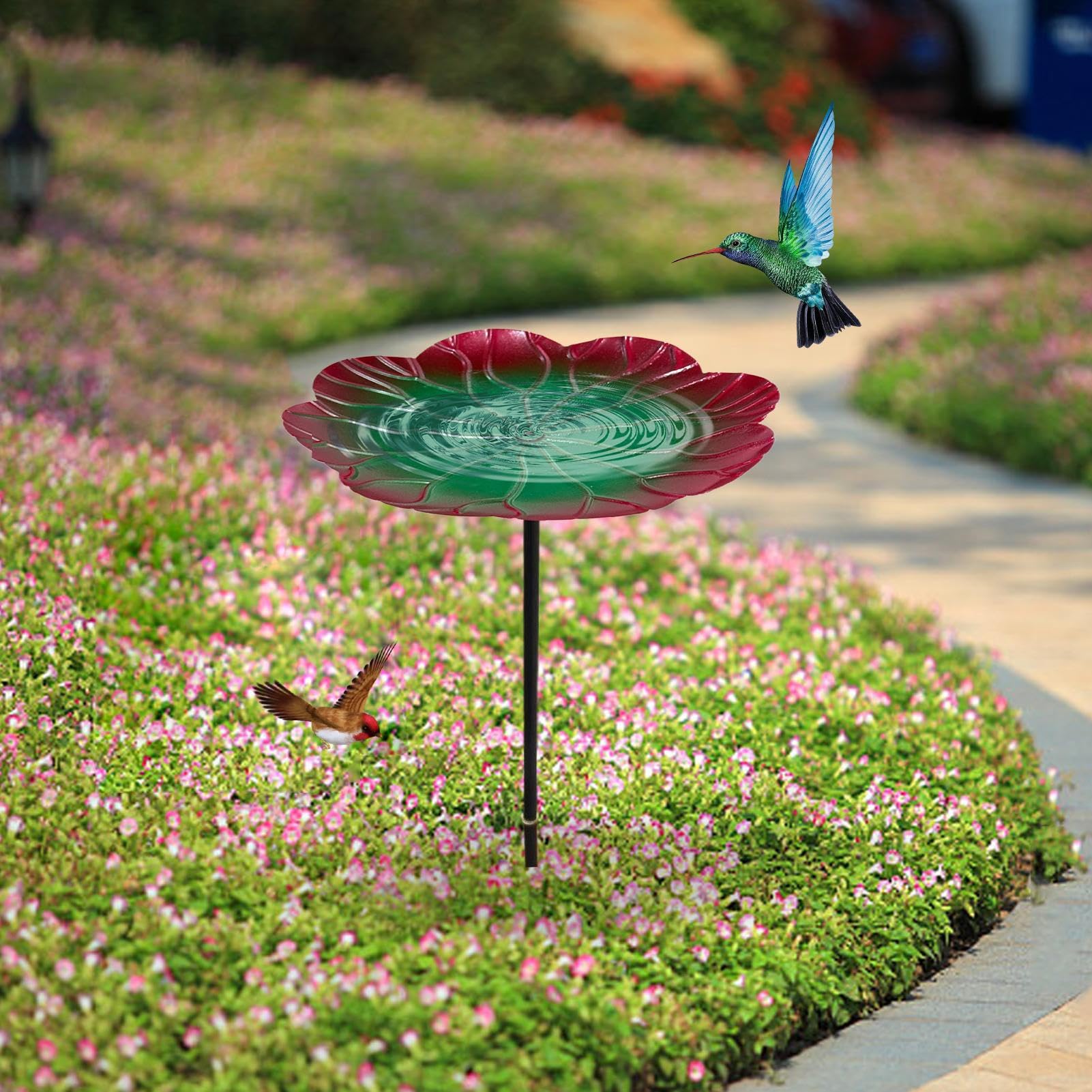 Baño para pájaros de metal para exteriores, independiente con base de 3 dientes, bebedero decorativo para pájaros, para jardín, bebedero de metal para terraza, césped, estanque