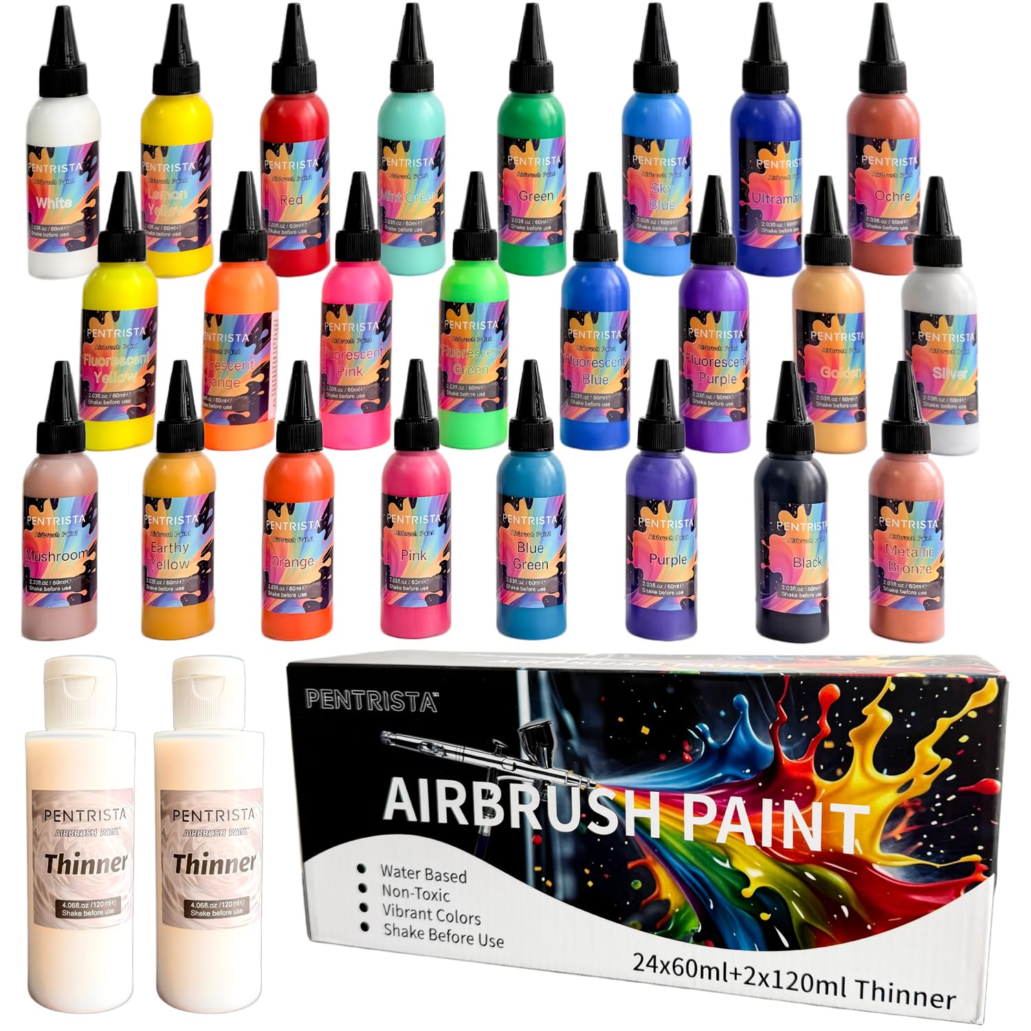 Pintura para aerógrafo, 24 x 60 ml+2 x 120 ml diluyente