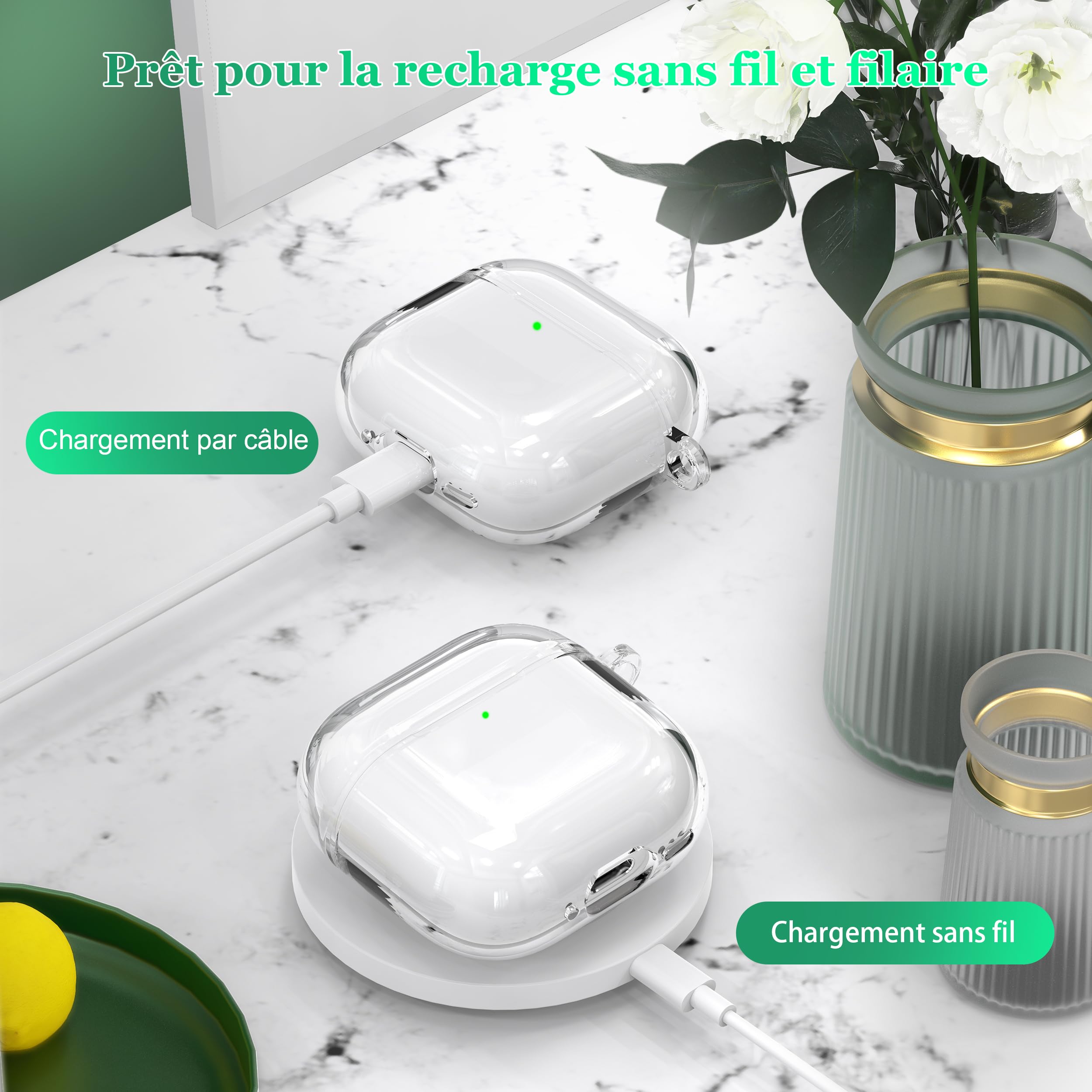 Coque AirPods 4 2024 TPU Transparent Anti-jaunissement avec Kit de Nettoyage Boucle Ronde Blanc