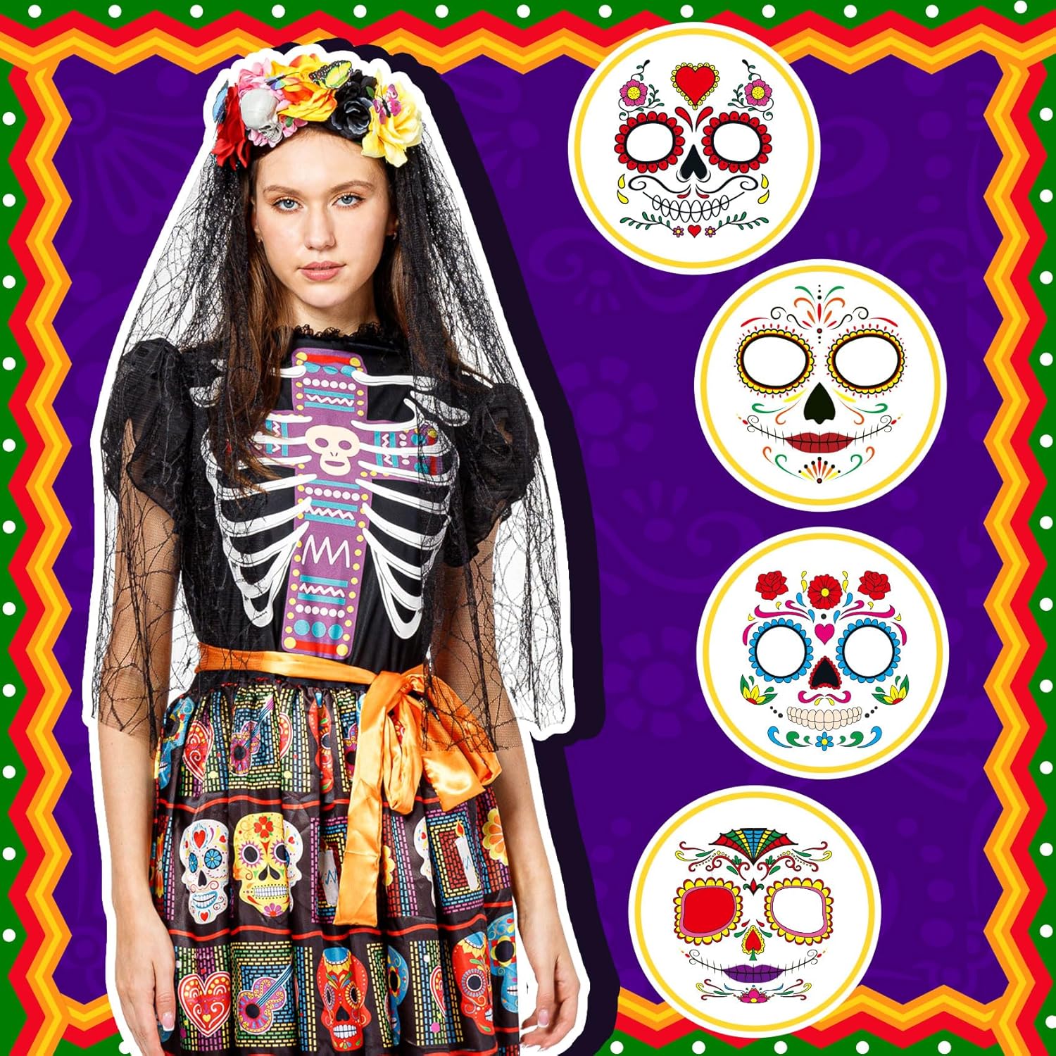 Funnlot Day of The Dead Costumes Women Skull Dress Skeleton Costume for Women Halloween Dress up with Face Tattoos - Image 4