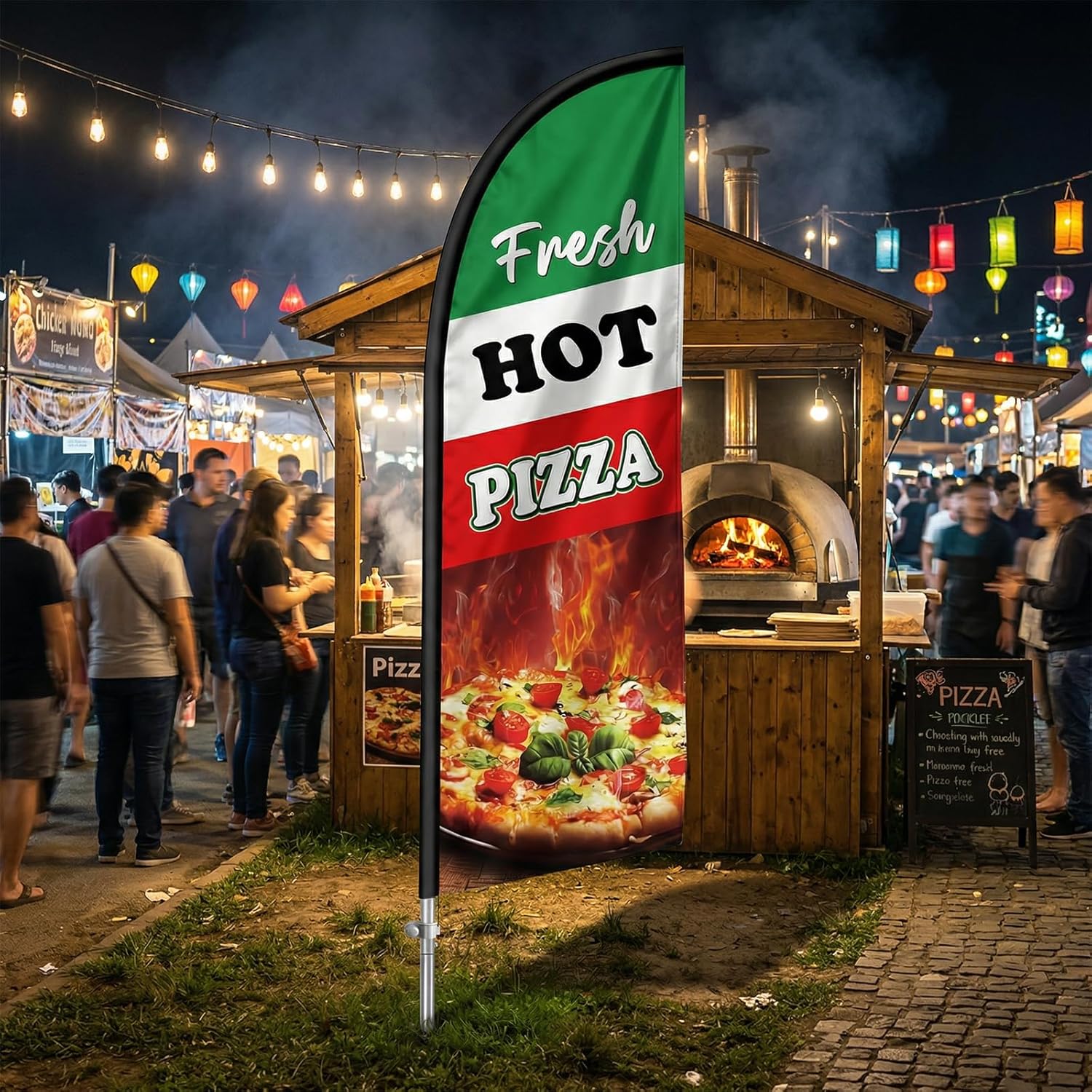 Fresh Hot Pizza Flag for Business, 8FT Fresh Hot Pizza Feather Flag Banner, Polyester Advertising Swooper Flag with Aluminium Alloy Flag Pole Kit, Stainless Steel, Ground Spike, Portable Bag
