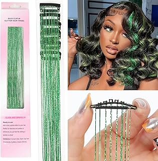 Green Hair Tinsel 20.5 Inch Green Clip in Tinsel Hair Extensions Shiny Hair Tinsel Fairy Hair Tinsel Kit for Women Girls Dazzle Hair Accessories Glitter Hair Extensions