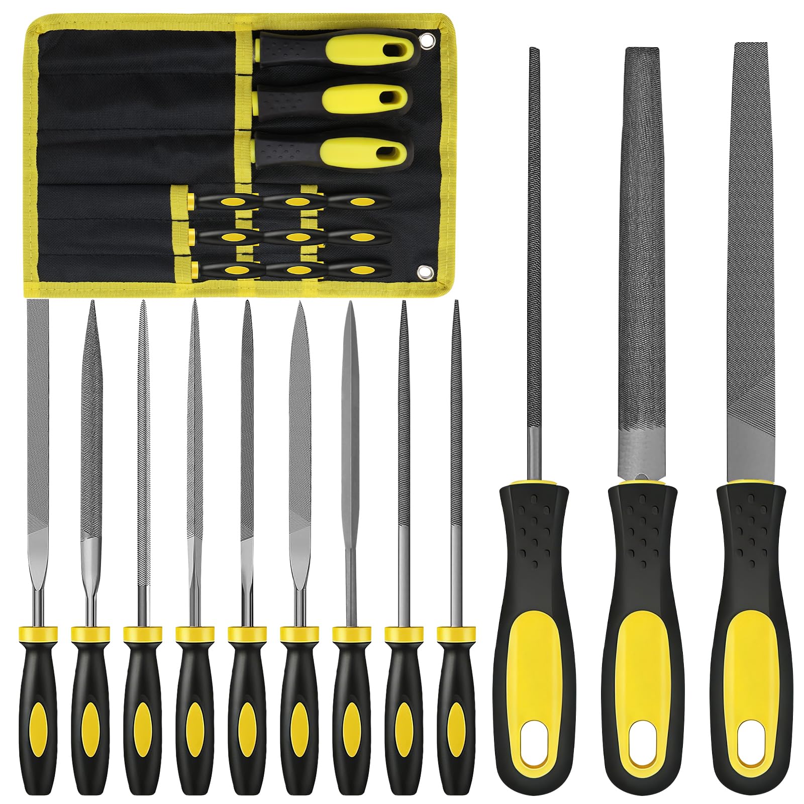 Mumjooyi Juego de Limas de 12 piezas para Metal y Madera con Bolsa de Almacenamiento. Incluye Limas Planas Limas Semicirculares Limas Redondas para Trabajos en Madera Metal y Carpintería