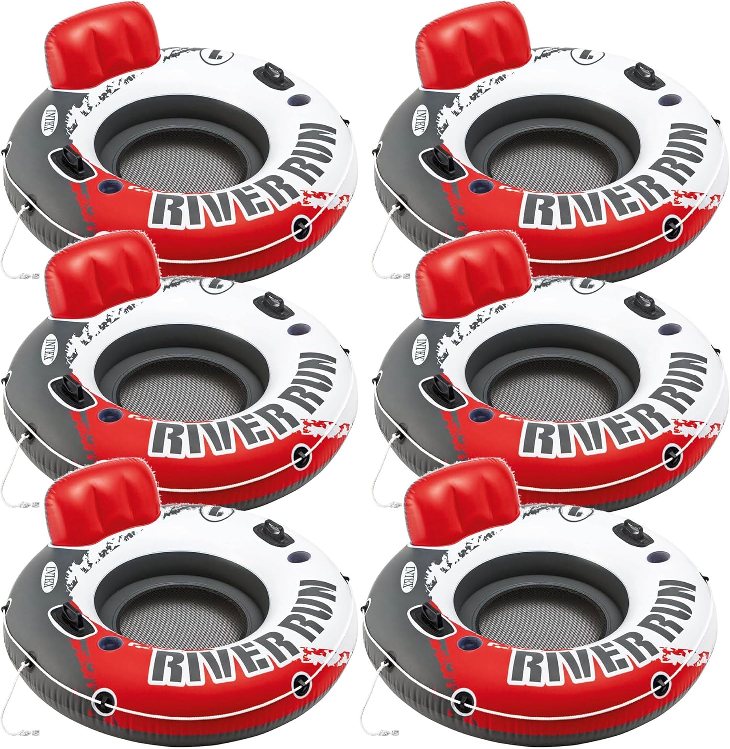 Intex River Run 1 Inflatable Floating Lounge w/Backrest, Built-in Cup Holders, Grab Handles, & Grab Rope –220lb Weight Capacity, Color Varies (6 Pack)