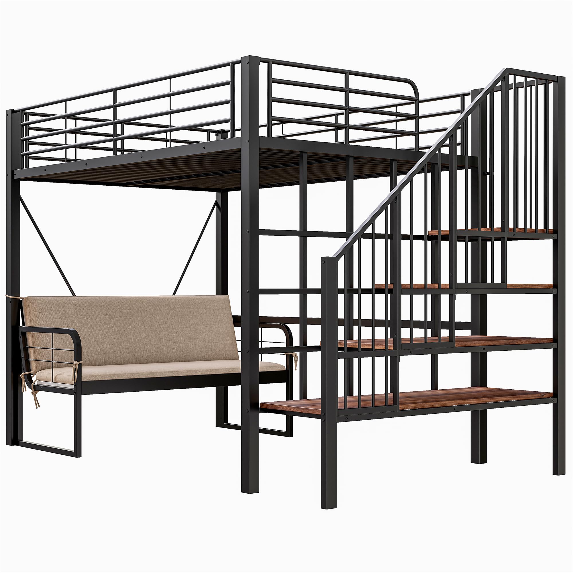 Cama altillo 140x200, litera doble de hierro con sofá cama extraíble, espacio de almacenamiento y escalera de seguridad, cama entrepiso de 2 plazas para familias numerosas