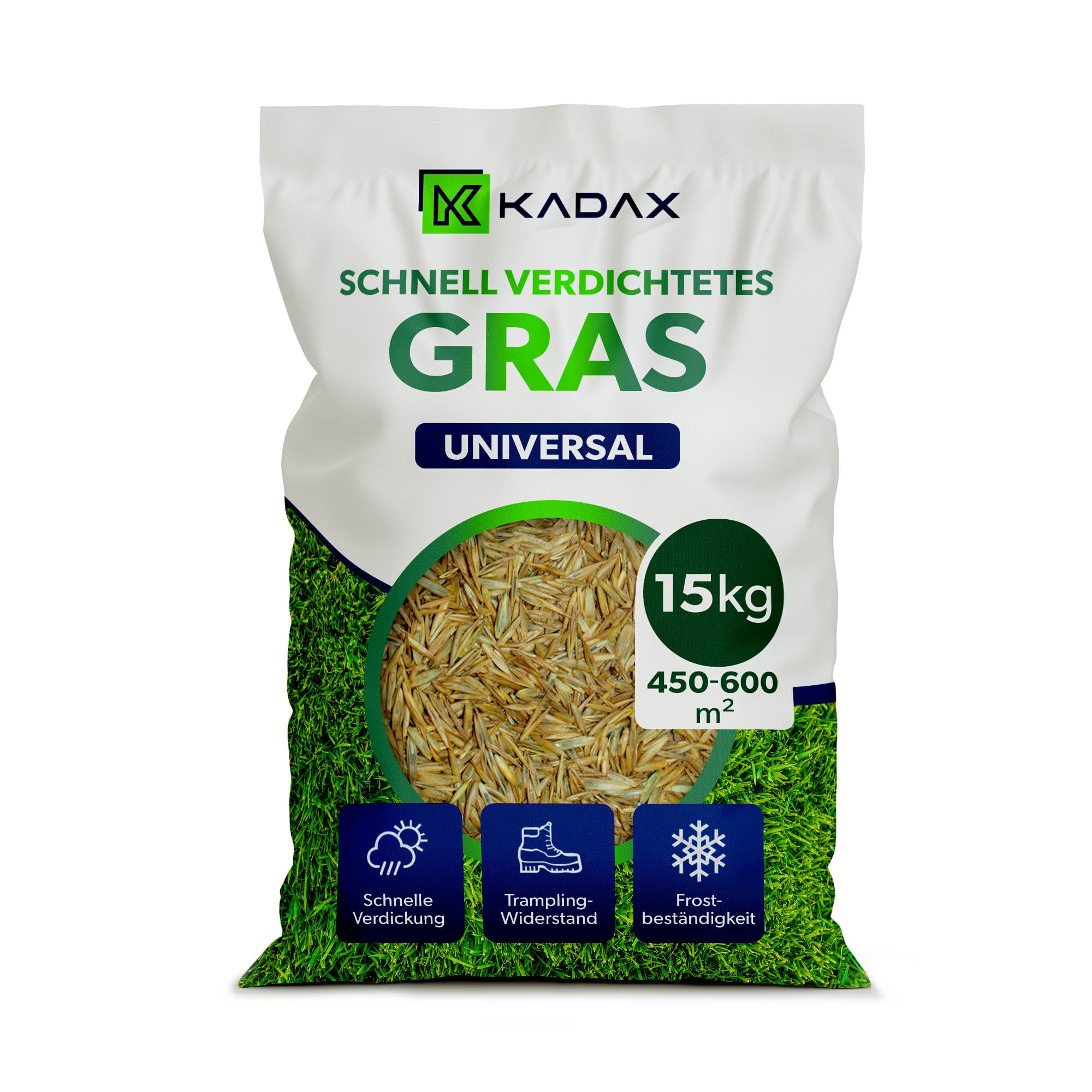 KADAX Nasiona trawy 15 kg, szybkie kiełkowanie, odporne na mróz, wydajność 450-600 m², do zakładania i regeneracji trawnika, gęsta murawa
