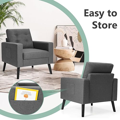 Miniatura 19 de Giantex Silla decorativa moderna, sillón tapizado de mediados de siglo con patas de madera de goma, tela de lino patentada, sofá individual para