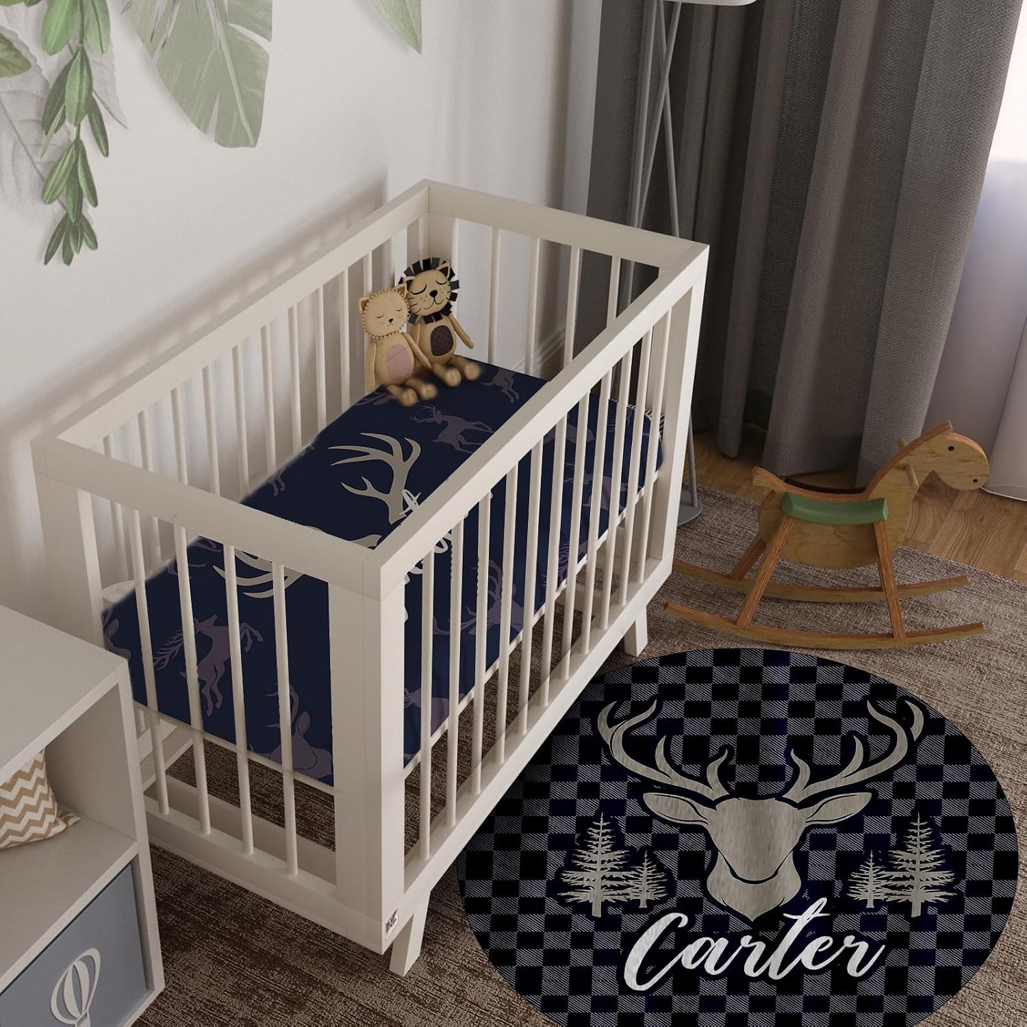 Custom Name Baby Bedding Set – Blue Deer Horn Design - Personalized Crib Blanket, Fitted Sheet, Changing Pad Cover & Nursery Rug – 4-Piece Set for Newborns