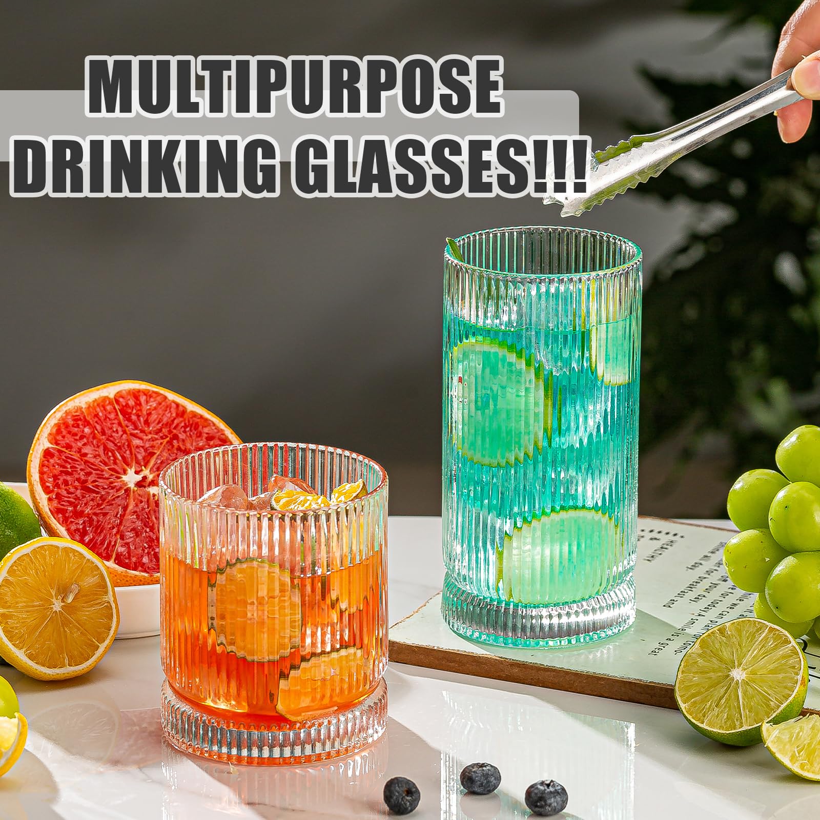 Trinkgläser, Set mit 8 Glasbechern im Origami-Stil, 4 Highball-Gläser, 425 ml und 4 Rocks-Gläser, 340 ml, Mojito-Becher, Cocktailglas, elegante geriffelte Vintage-Gläser für Cocktail, Bier