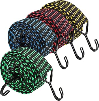 Adjustable Flat Bungee Cord with Hook, Heavy Duty Thickened & Widened Elastic Strap, 240lbs Strength - Adjust from 42 to 80 Inch, Ideal for Outdoor, Camping, Luggage, Tarp, Truck, Multicolor 4-Pack